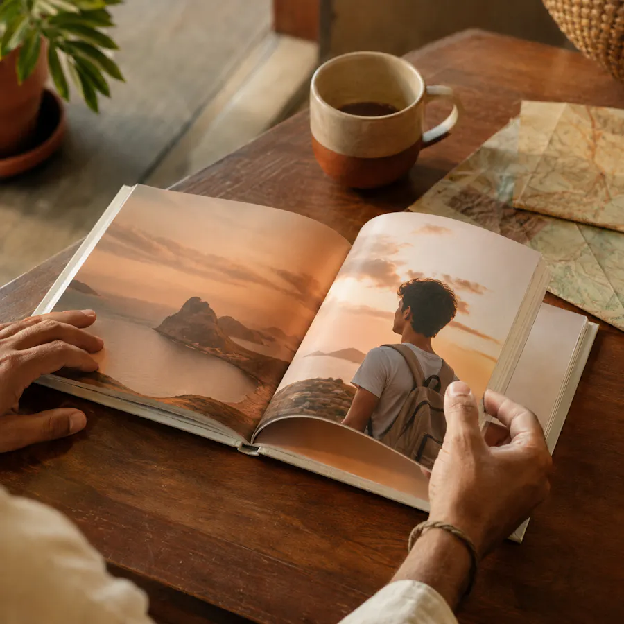 Mãos folheando um Fotolivro Plus aberto sobre mesa com mapa dobrado — memória de viagem