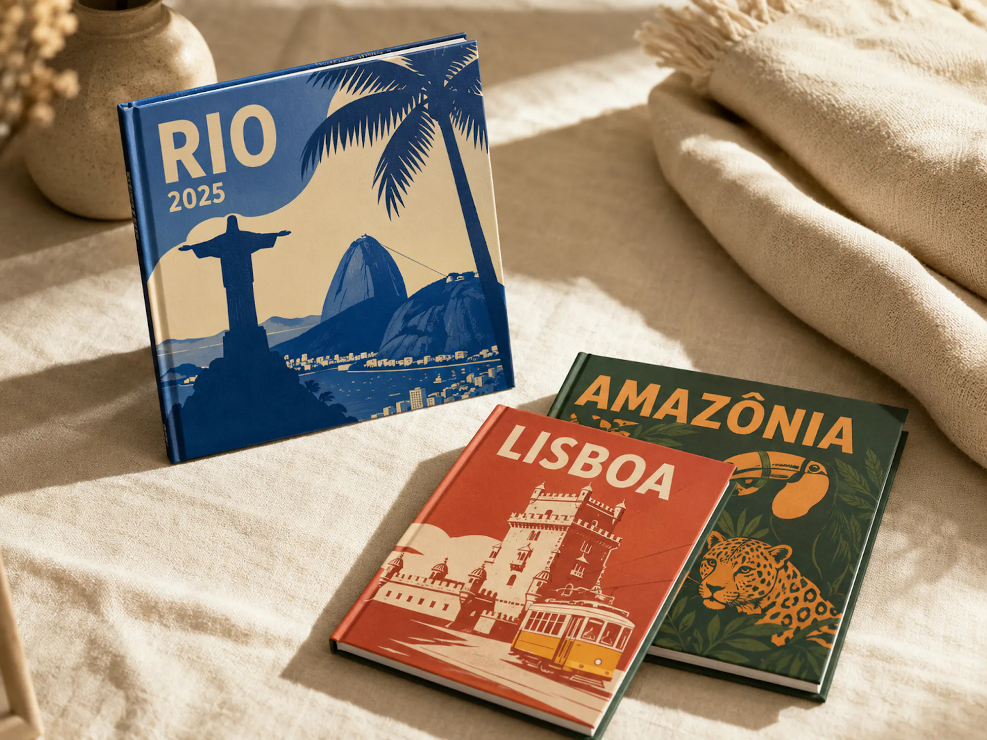 Três Fotolivros Plus com capas ilustradas de viagem — Paris, Bahia e New York — sobre mesa de linho