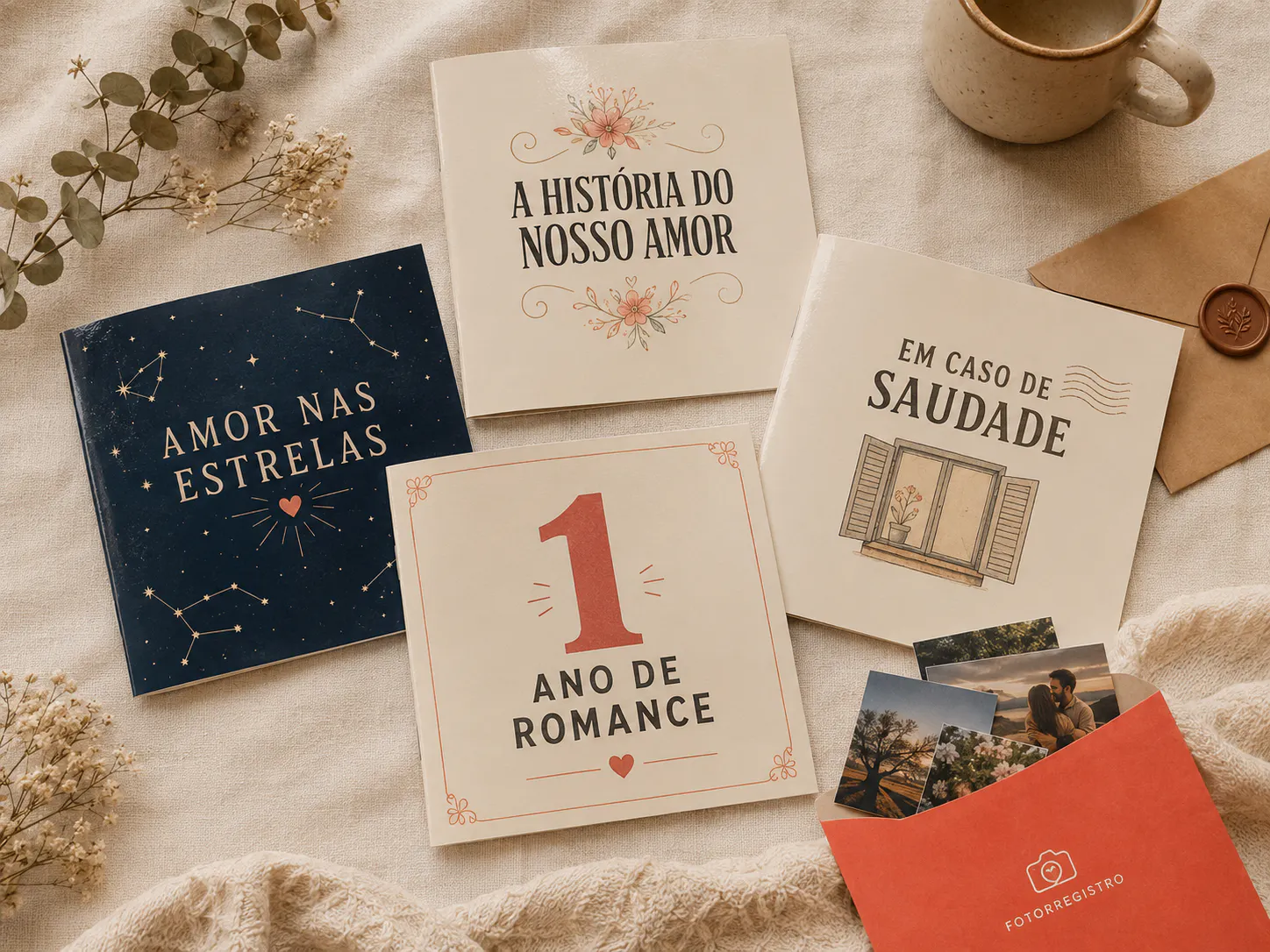 Flatlay com 4 capas de álbum em leque sobre linho cream