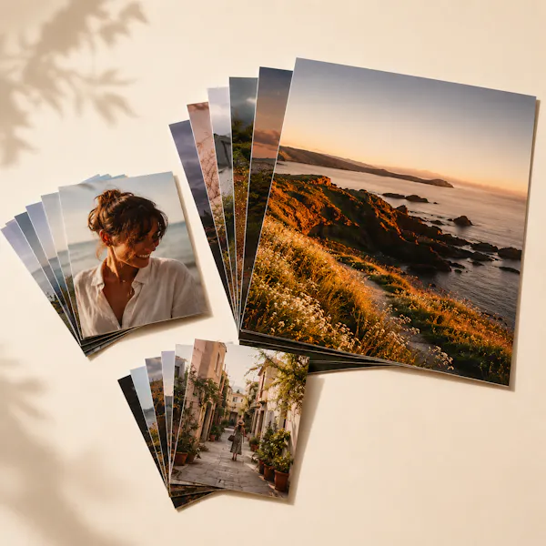Leque de Fotos Premium em tamanhos variados sobre fundo cream