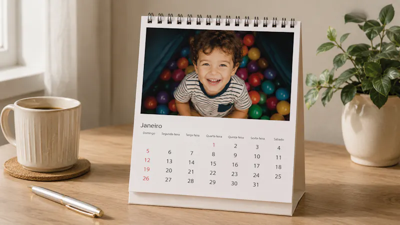 Calendário personalizado com foto do cliente na mesa de trabalho