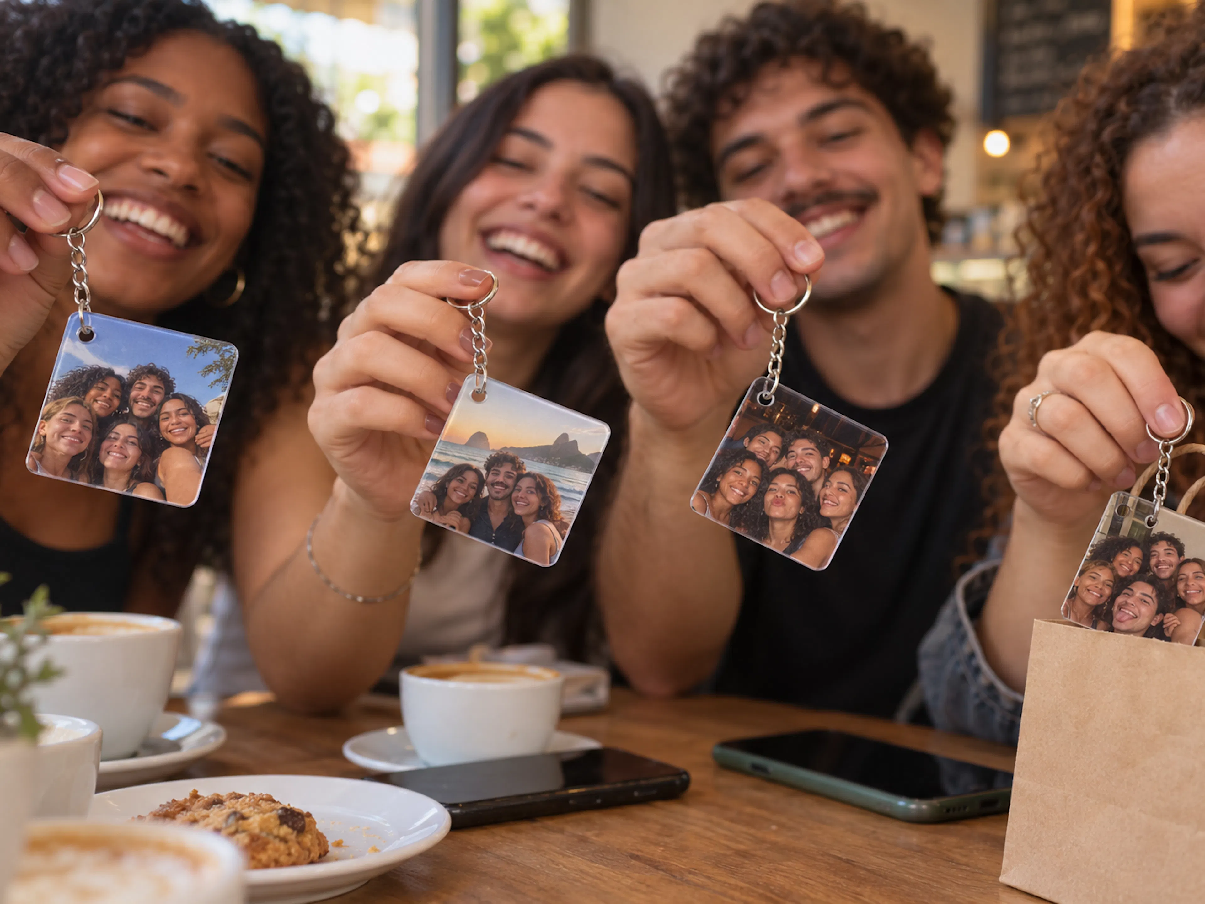 Amigos mostrando seus chaveiros com fotos da turma