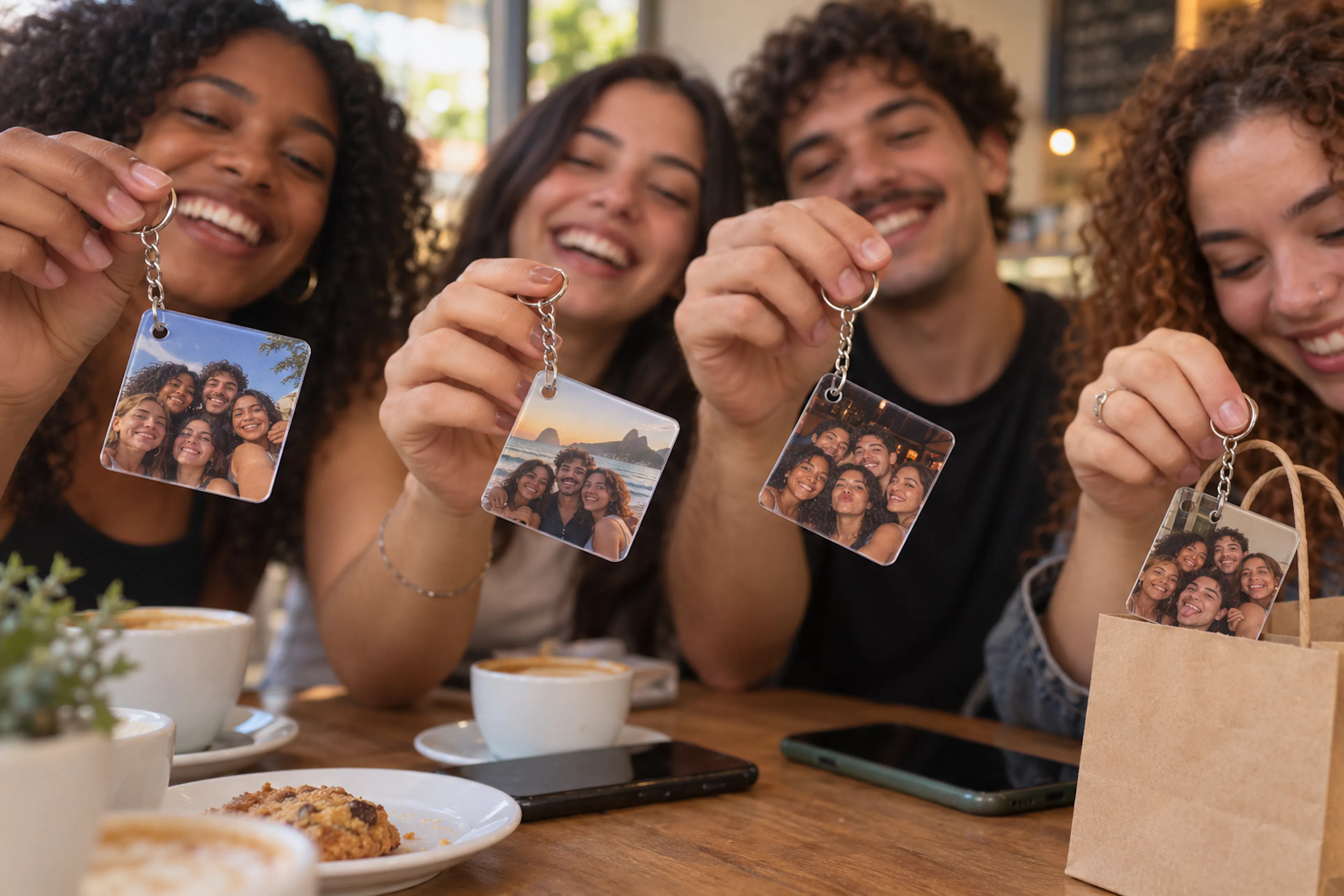 Amigos mostrando seus chaveiros com fotos da turma