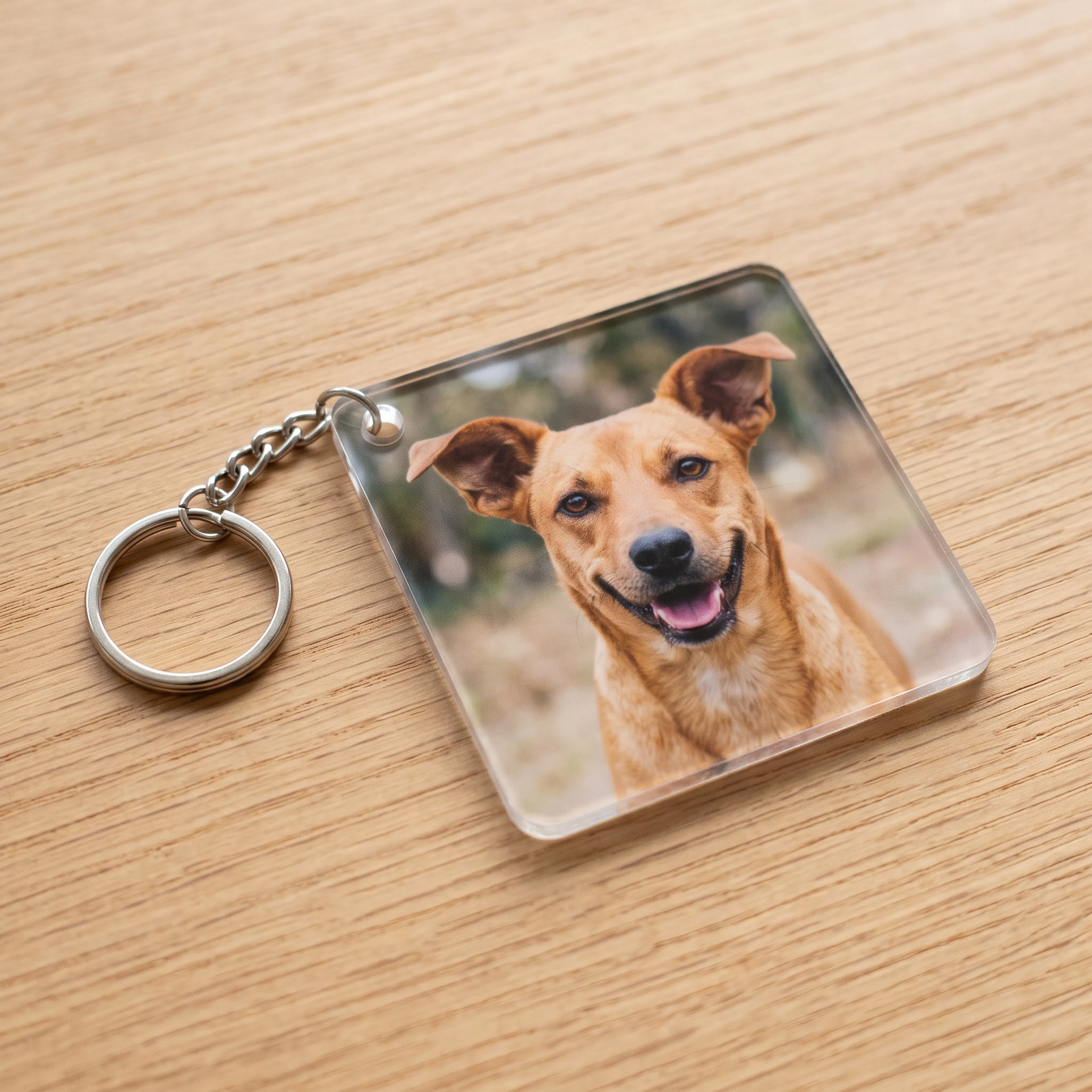 Chaveiro de acrílico com foto de cachorro sobre mesa de madeira