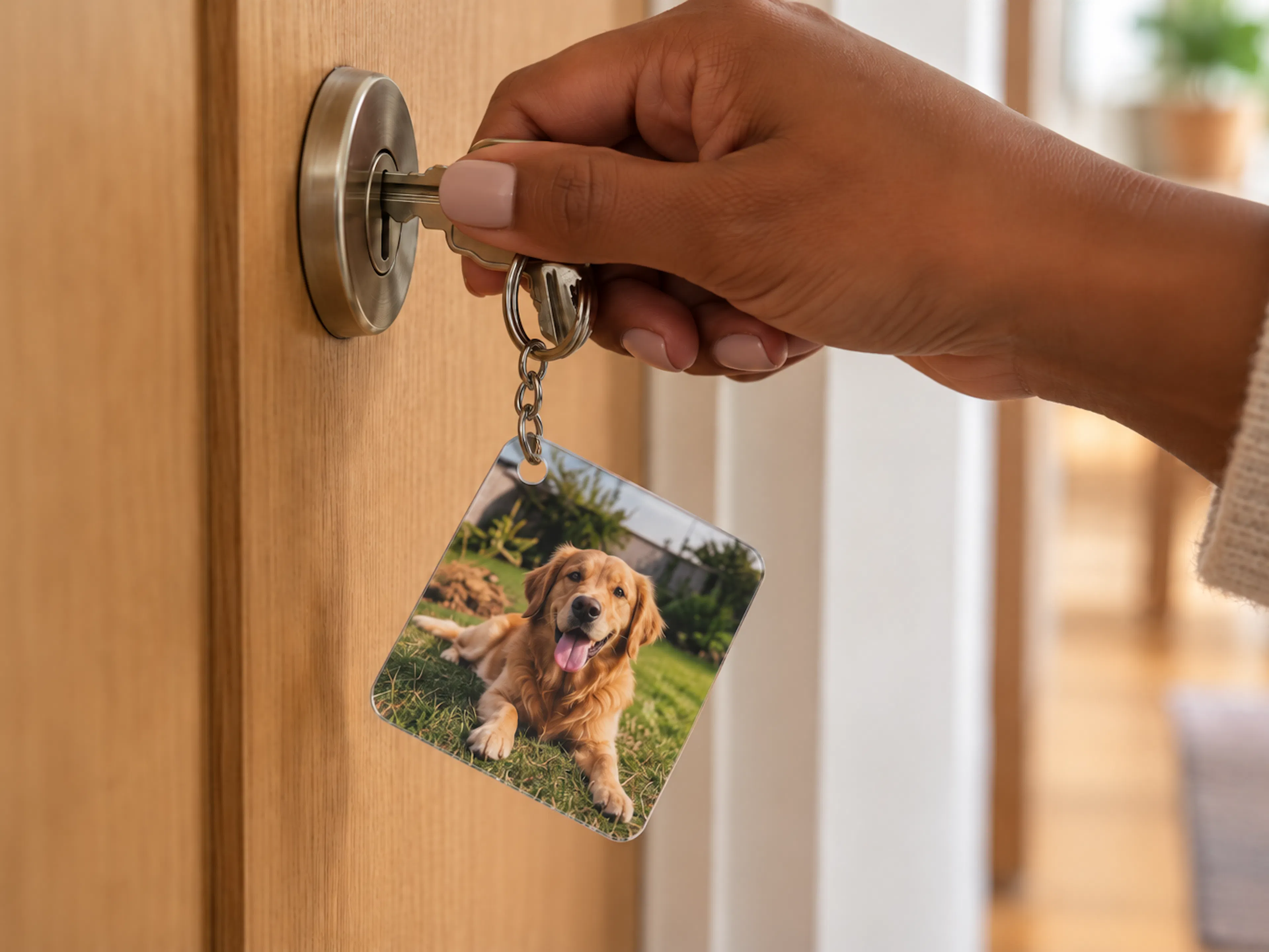 Chaveiro com foto de cachorro na chave da porta