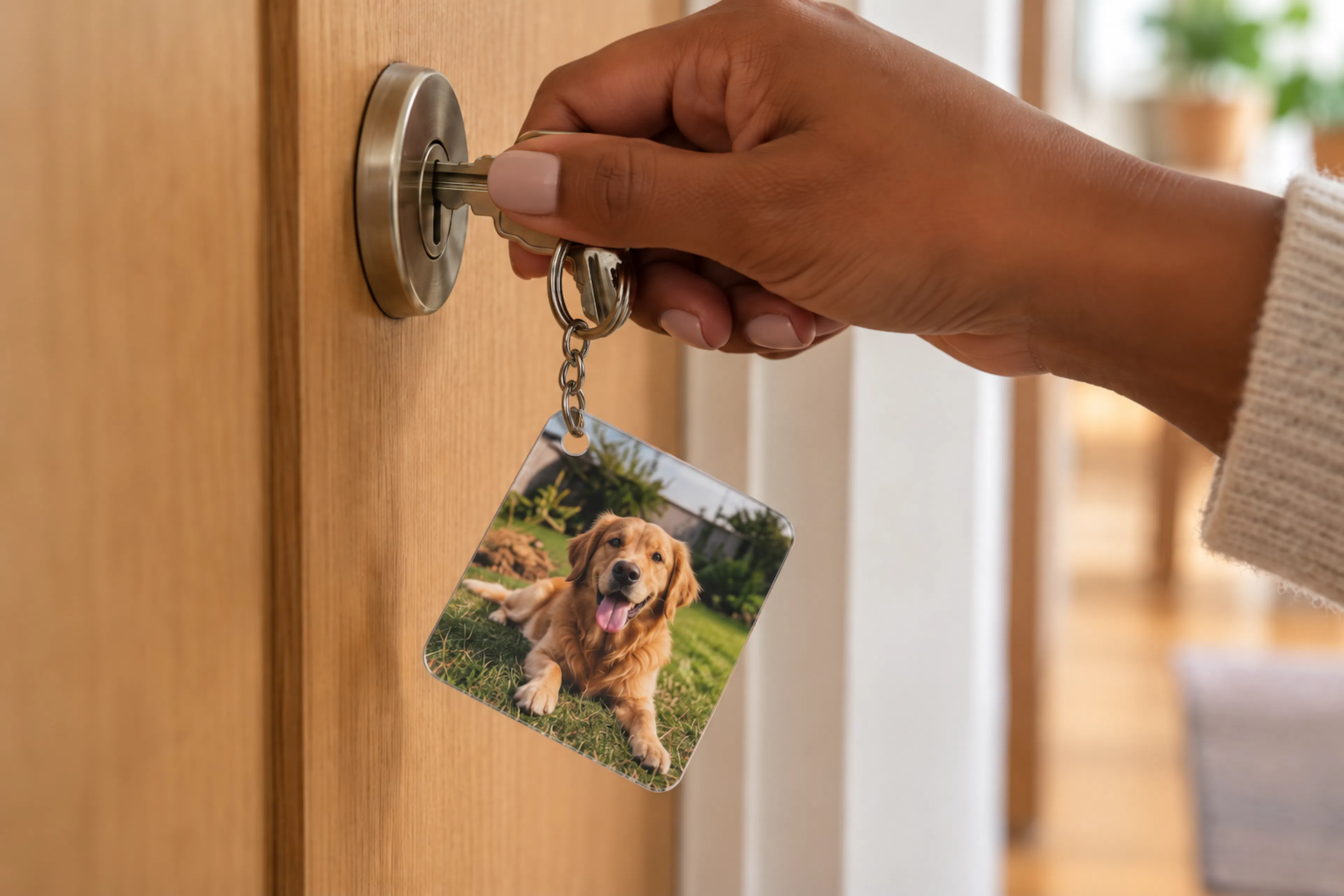 Chaveiro com foto de cachorro na chave da porta