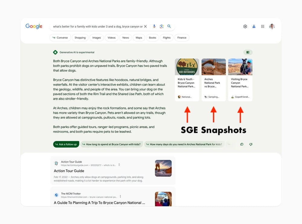 A screen grab of Google's Search Generative Experience results page