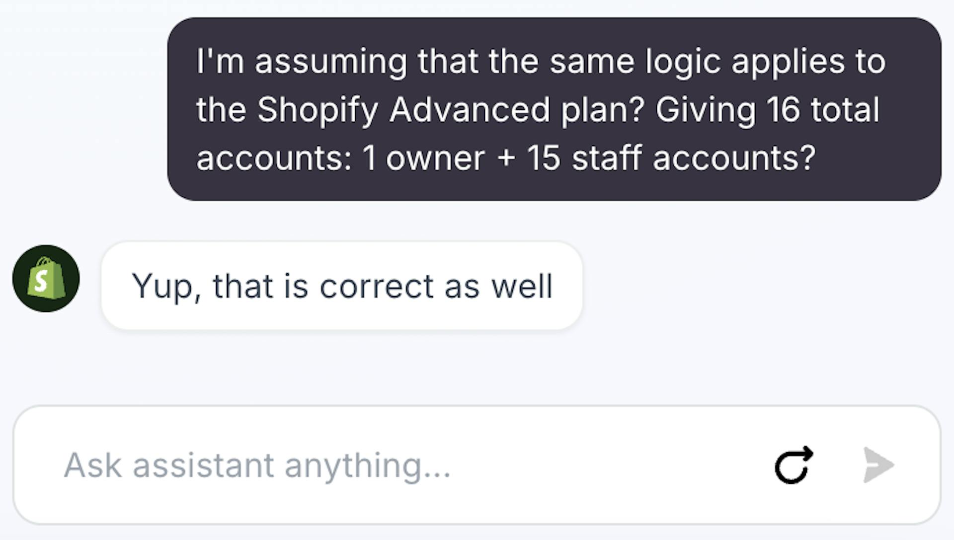 screenshot of conversation with shopify support rep confirming an advanced plan has 16 total accounts