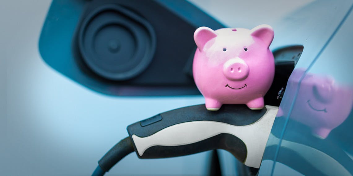 tirelire cochon sur cable de rechargement voiture electrique