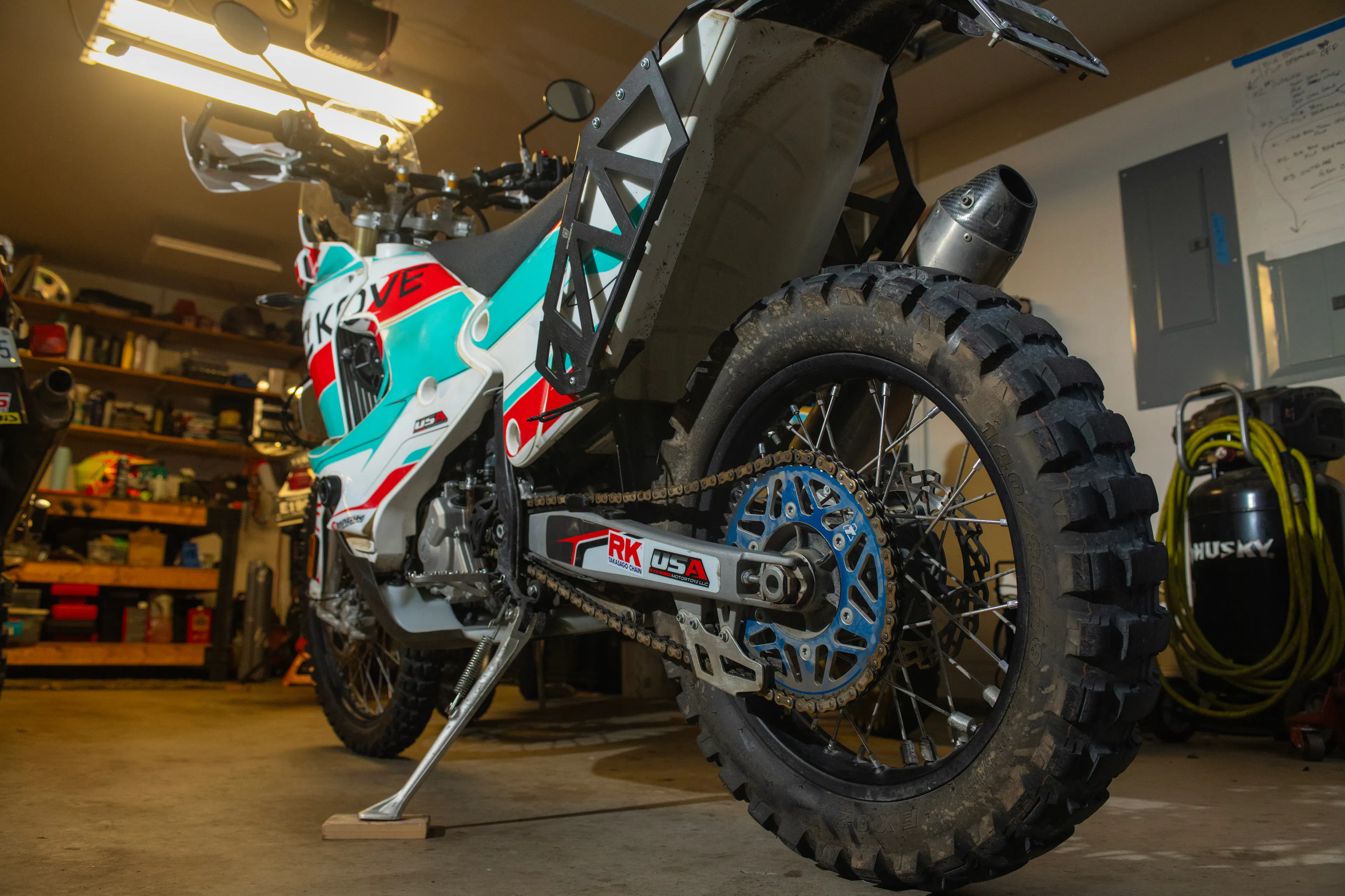 2024 Kove 450 Rally left rear 3/4 