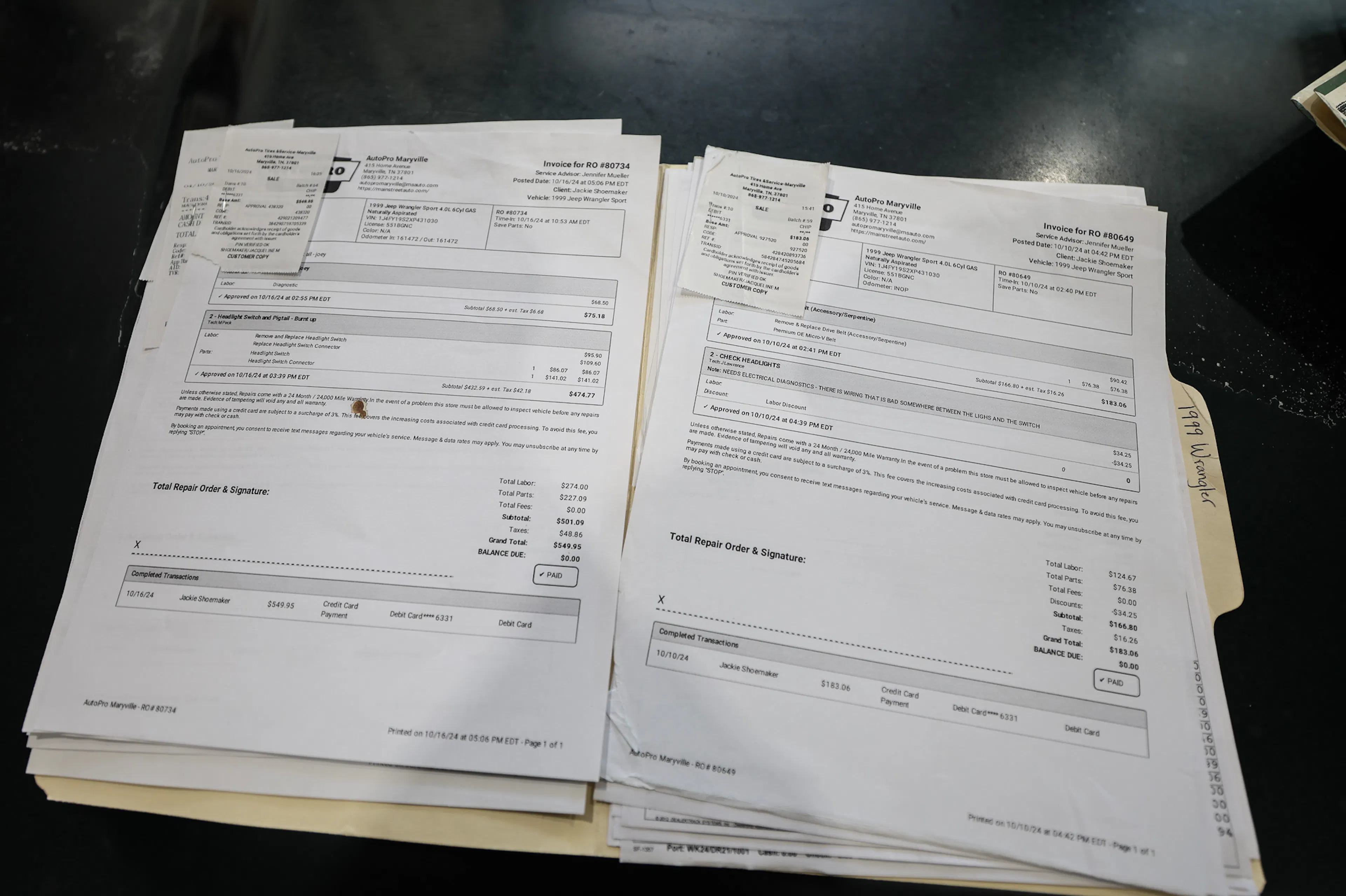 1999 Jeep Wrangler Sport service receipt 3
