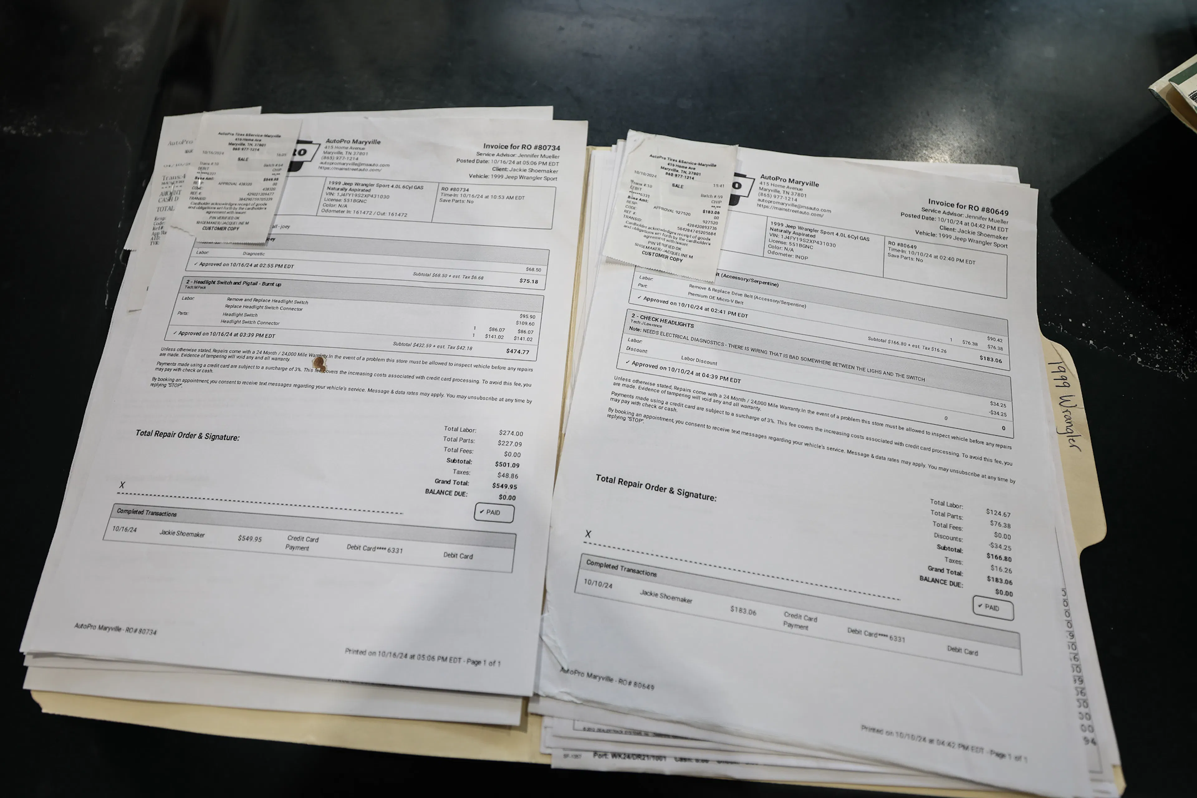 1999 Jeep Wrangler Sport service receipt 3