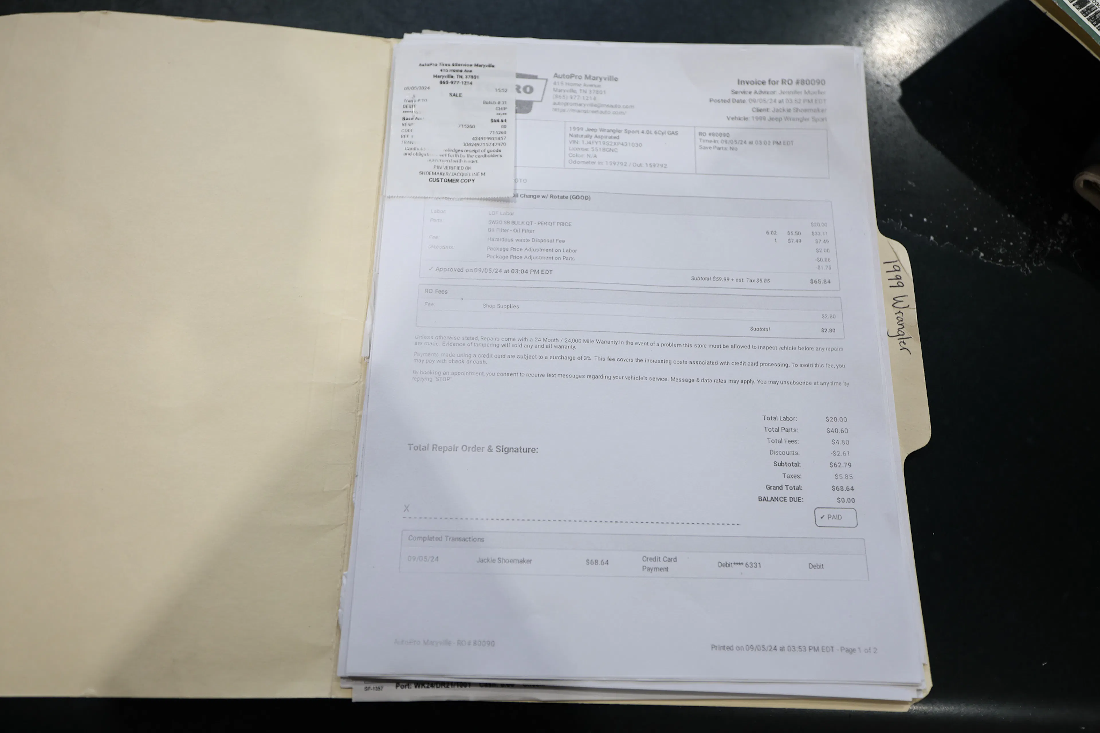 1999 Jeep Wrangler Sport oil change receipt