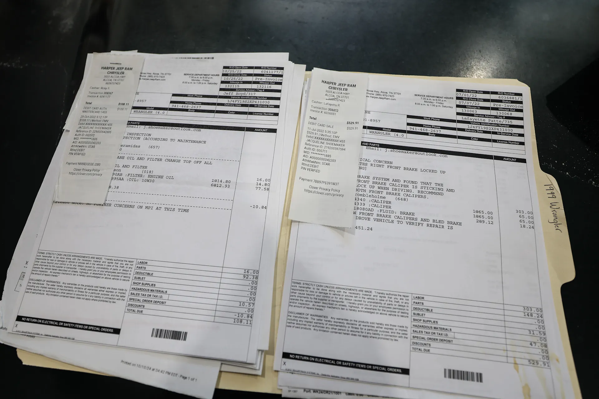 1999 Jeep Wrangler Sport service receipt 5