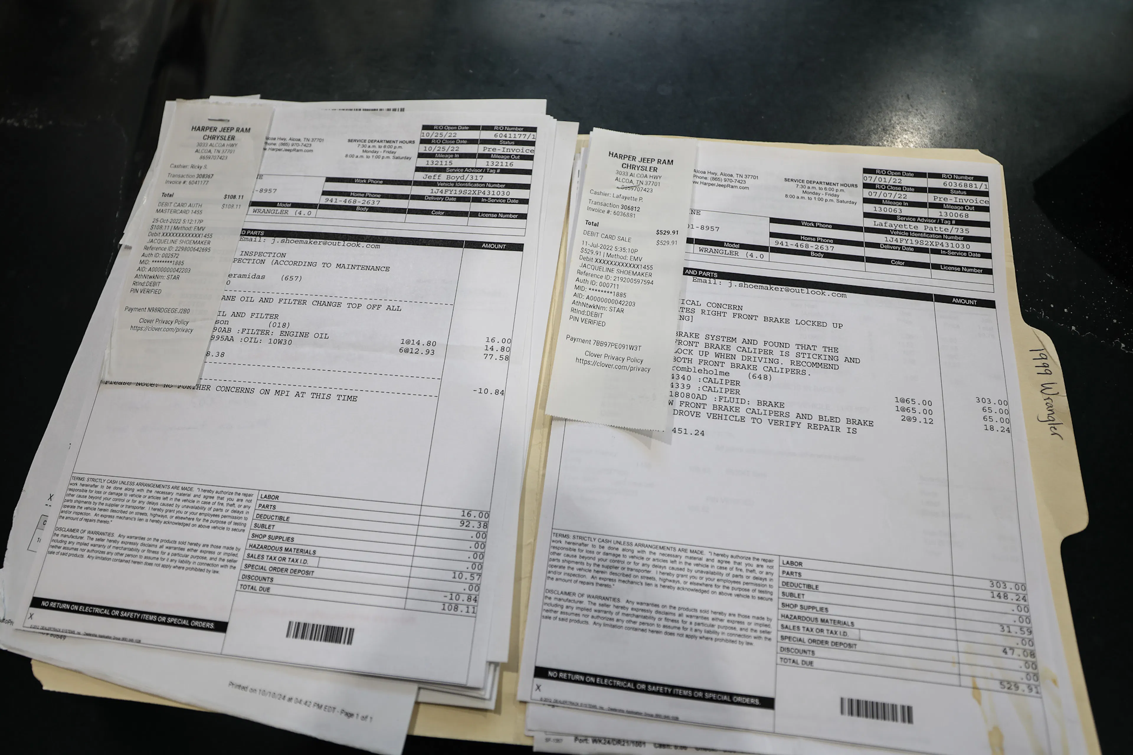 1999 Jeep Wrangler Sport service receipt 5