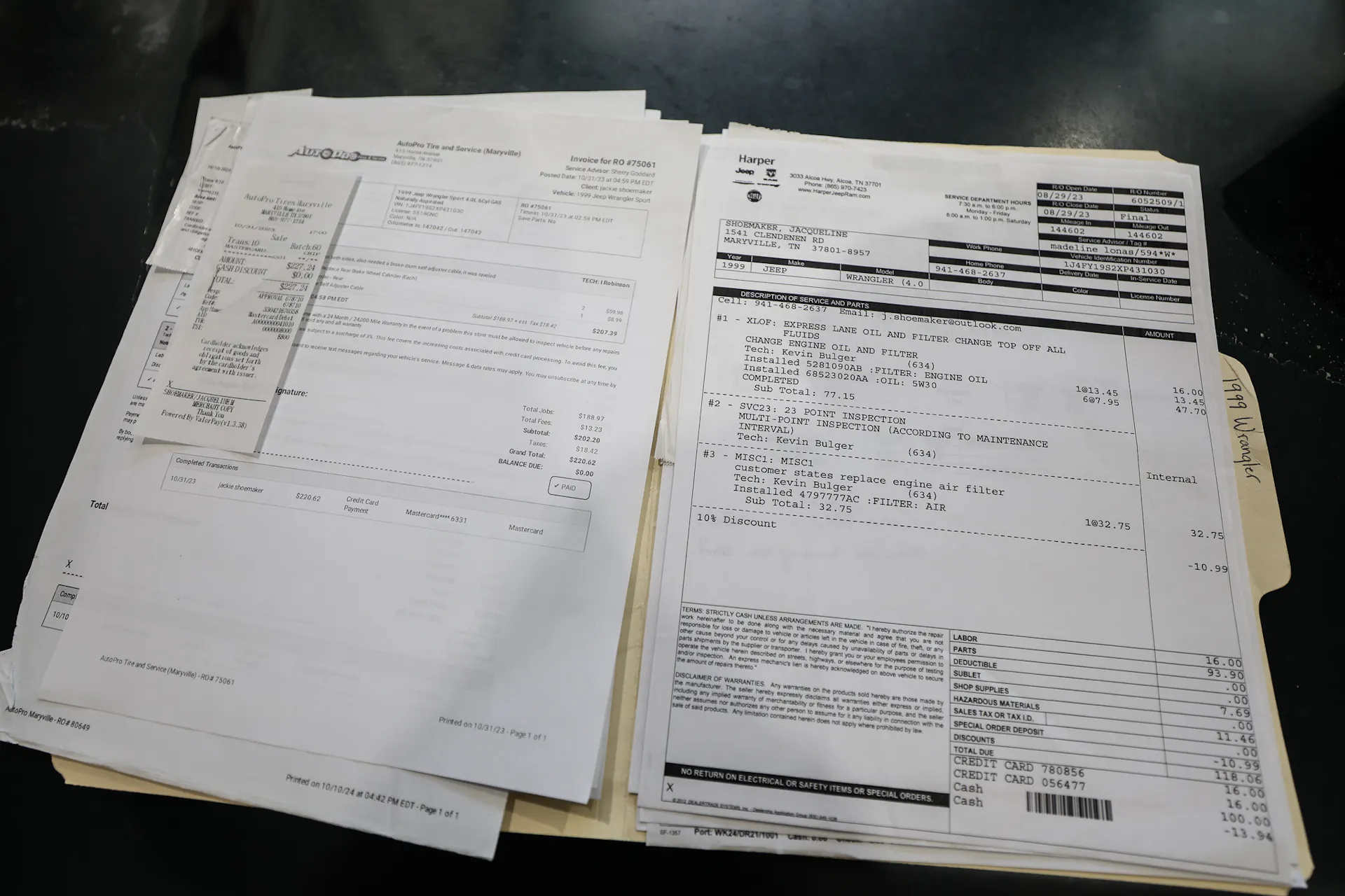 1999 Jeep Wrangler Sport service receipt 4