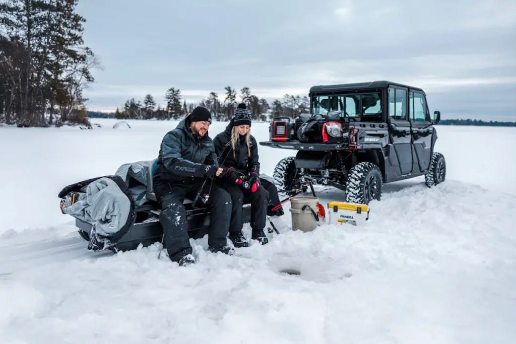 2025 CFMoto UForce U10 XL Pro highland being used for ice fishing.