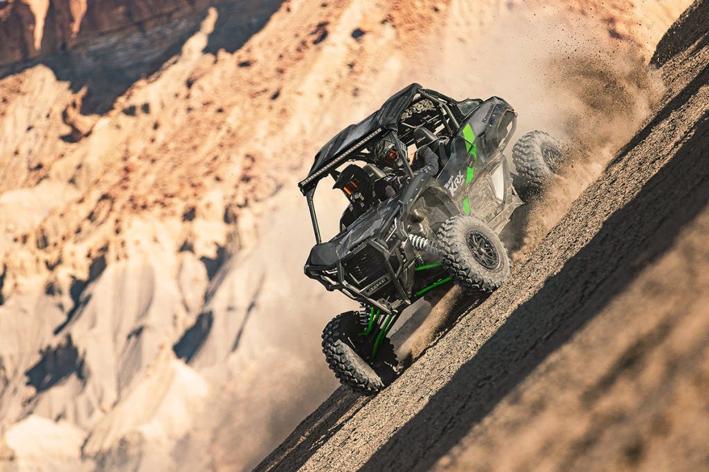 2025 kawasaki teryx krx 1000 sliding in the dirt.