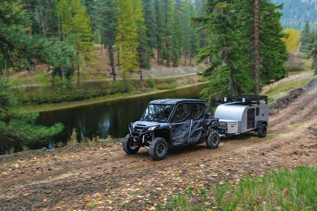 2025 Kawasaki Ridge XR Crew pulling an overlanding trailer.