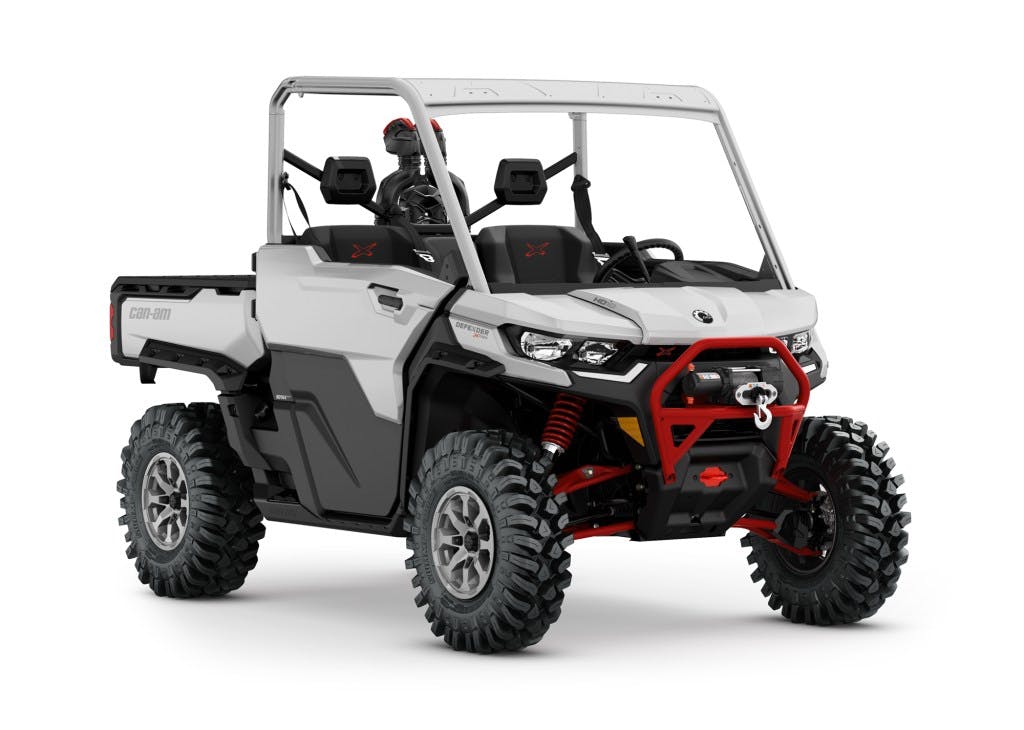 2025 Can-Am Defender XMR hyper silver legion red studio shot