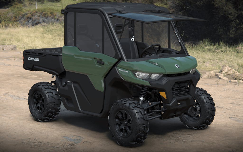 2025 Can-Am Defender flip-up windshield green front three quarter