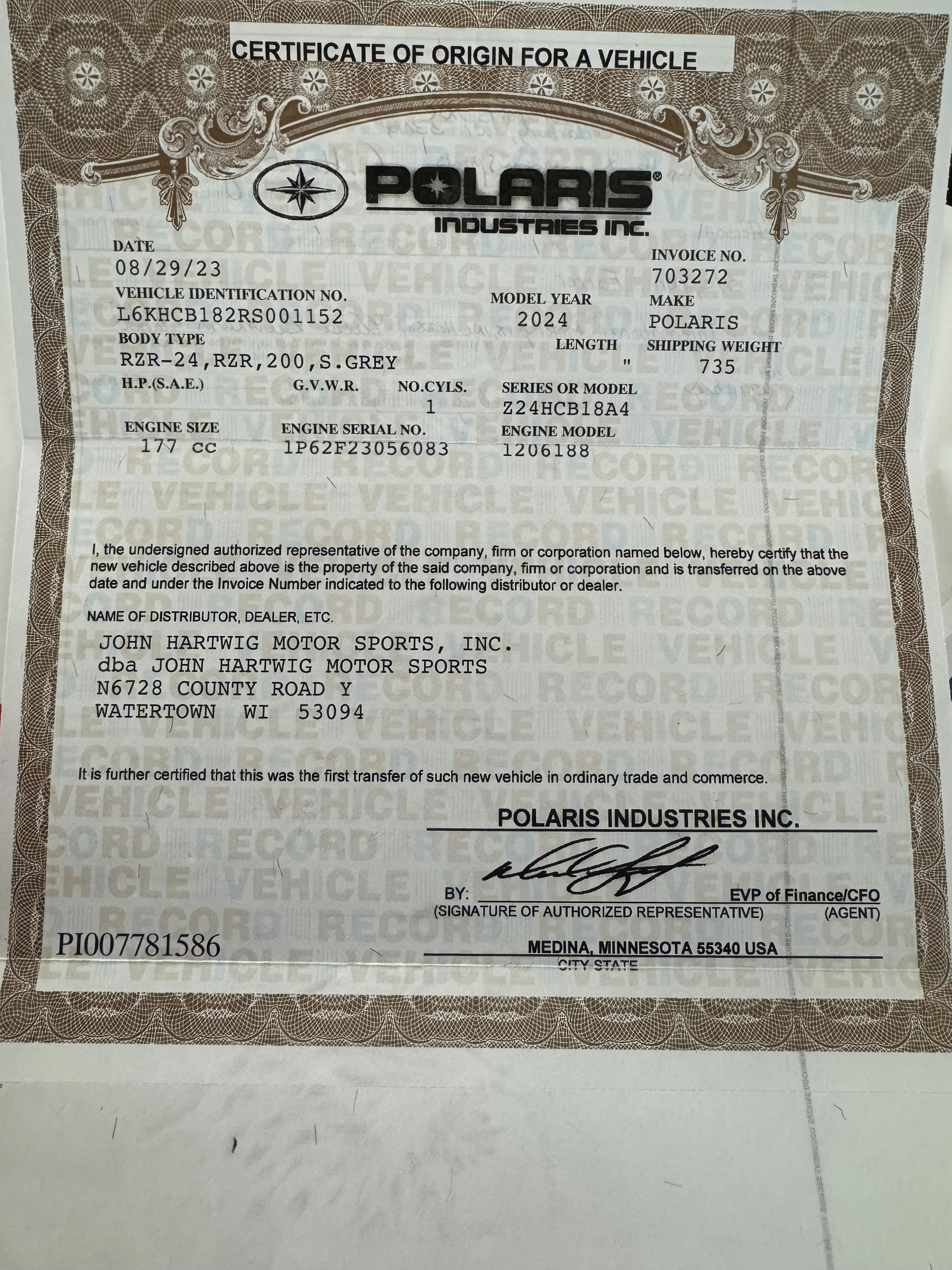 2024 Polaris RZR 200 signed MSO 