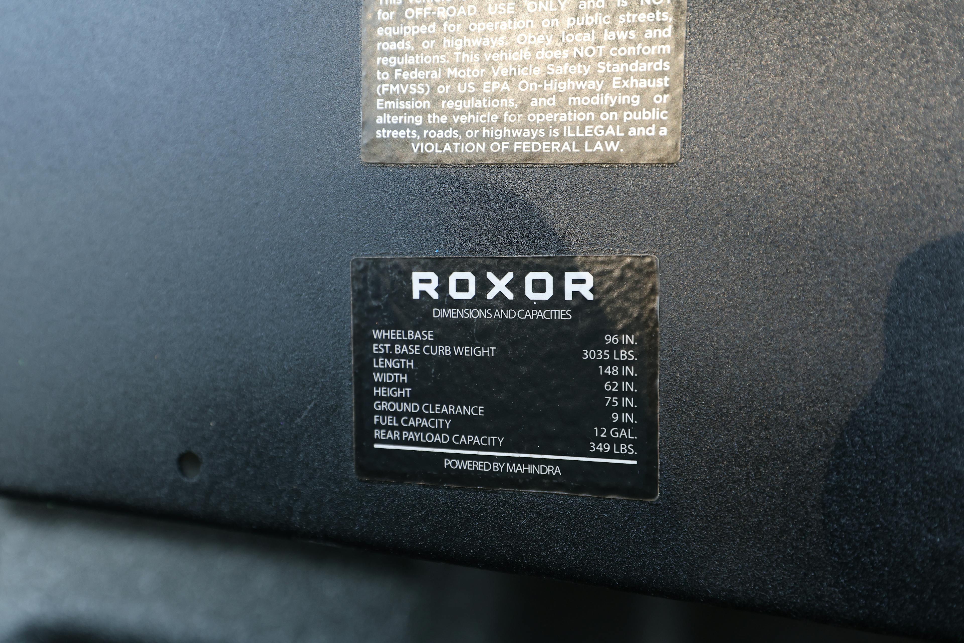 2022 Mahindra Roxor spec sticker