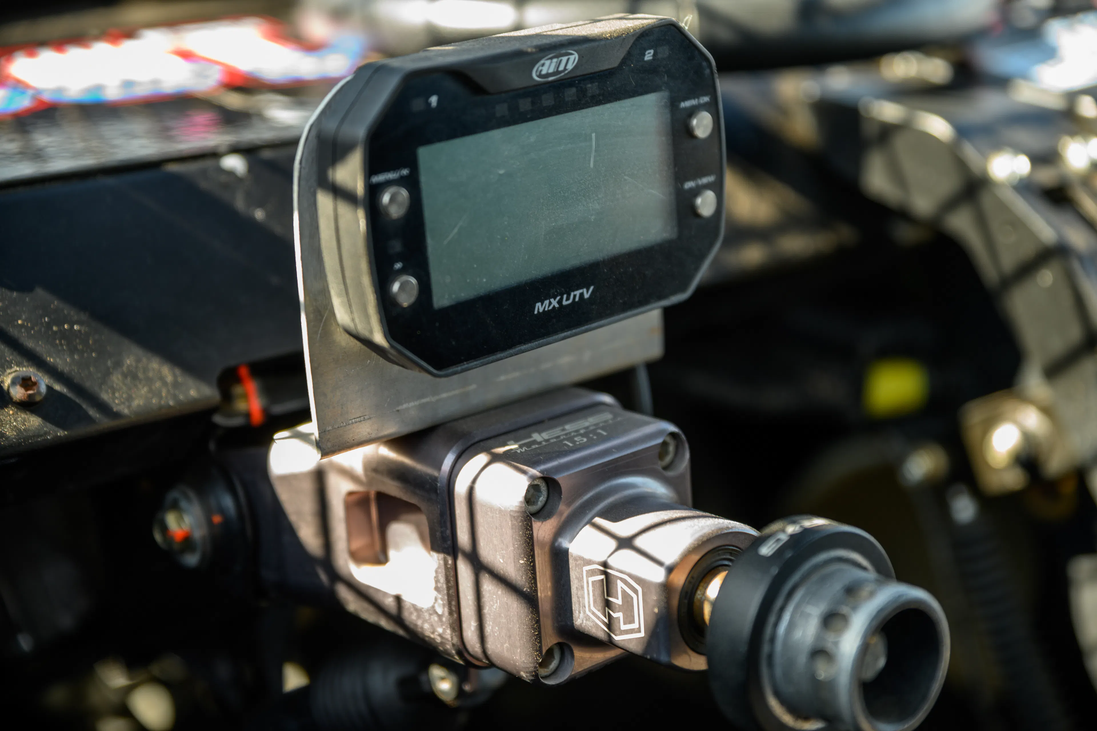 2024 Can-Am Maverick X3 Gray Leadbetter Race Car interior column/gauges up close