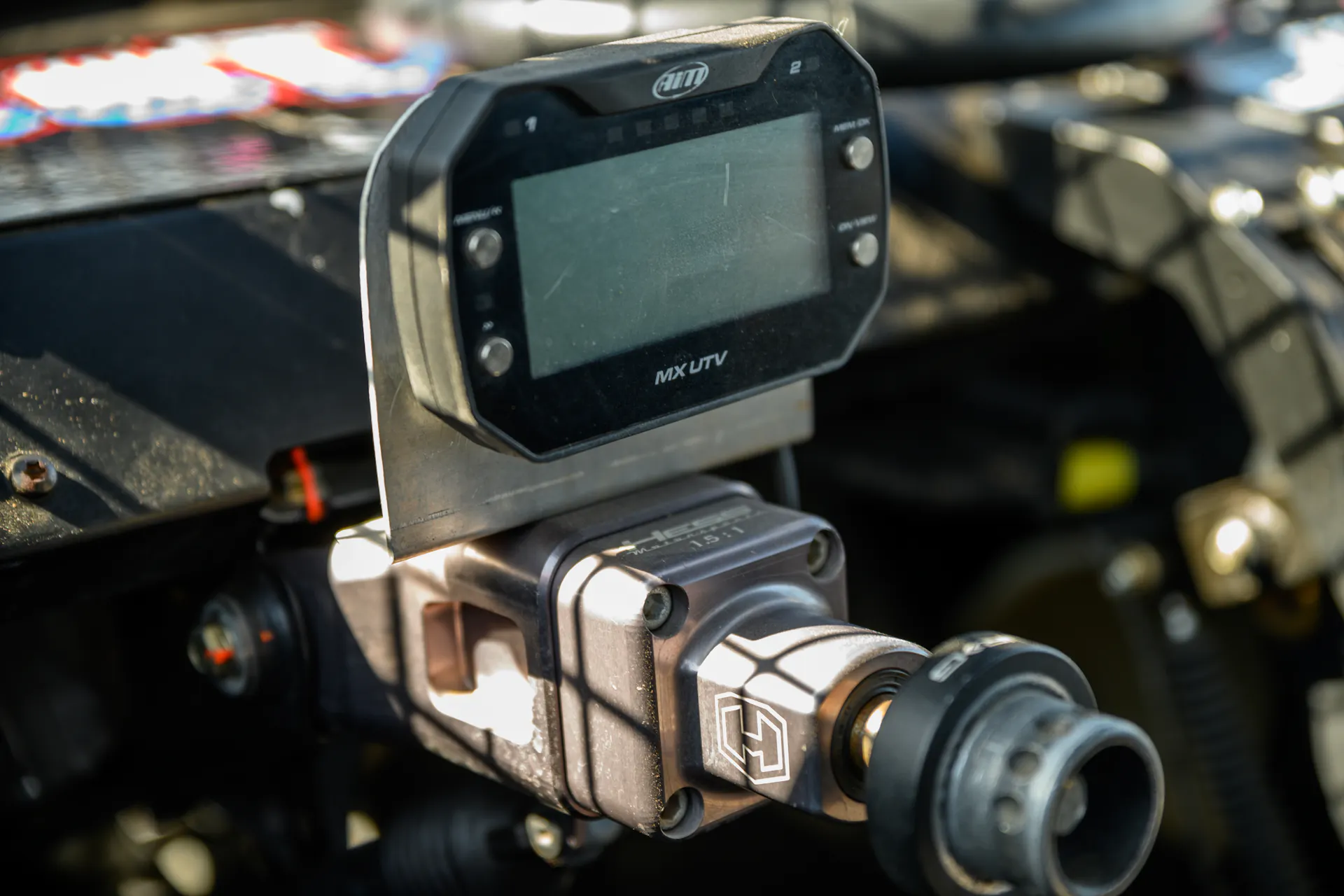 2024 Can-Am Maverick X3 Gray Leadbetter Race Car interior column/gauges up close