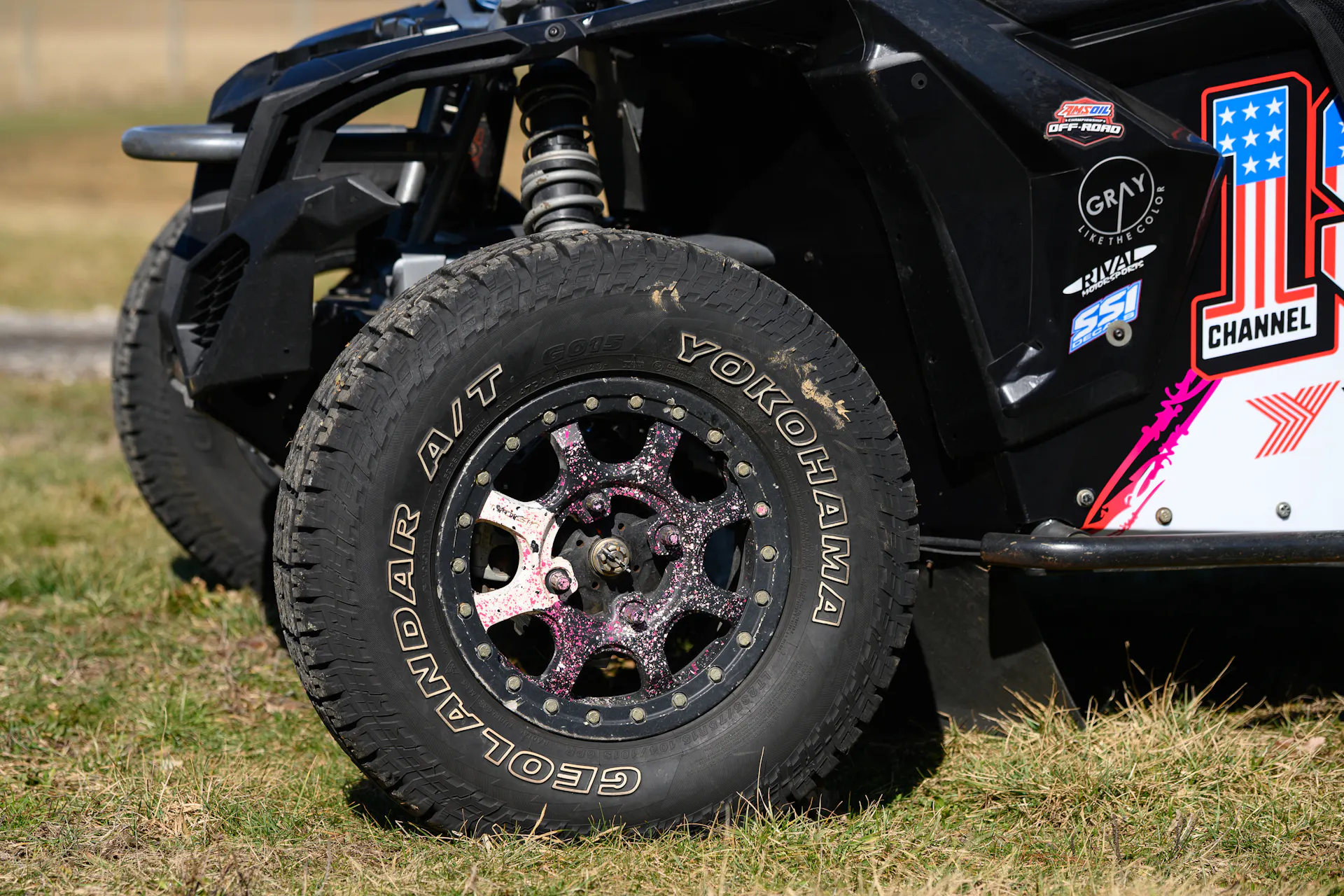 2024 Can-Am Maverick X3 Gray Leadbetter Race Car driver front tire