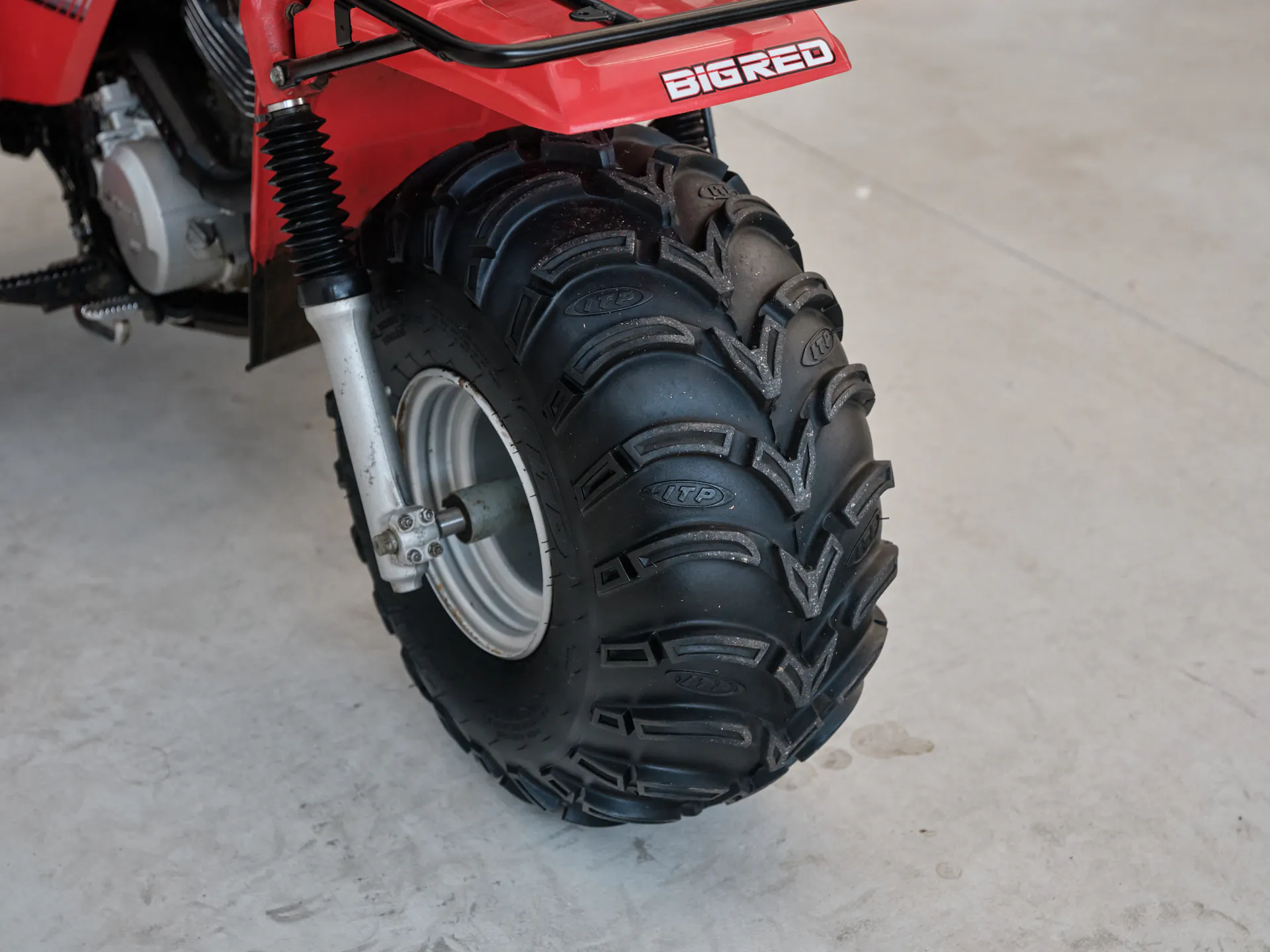 1986 Honda ATC 250ES Big Red front wheel right 3/4 steep