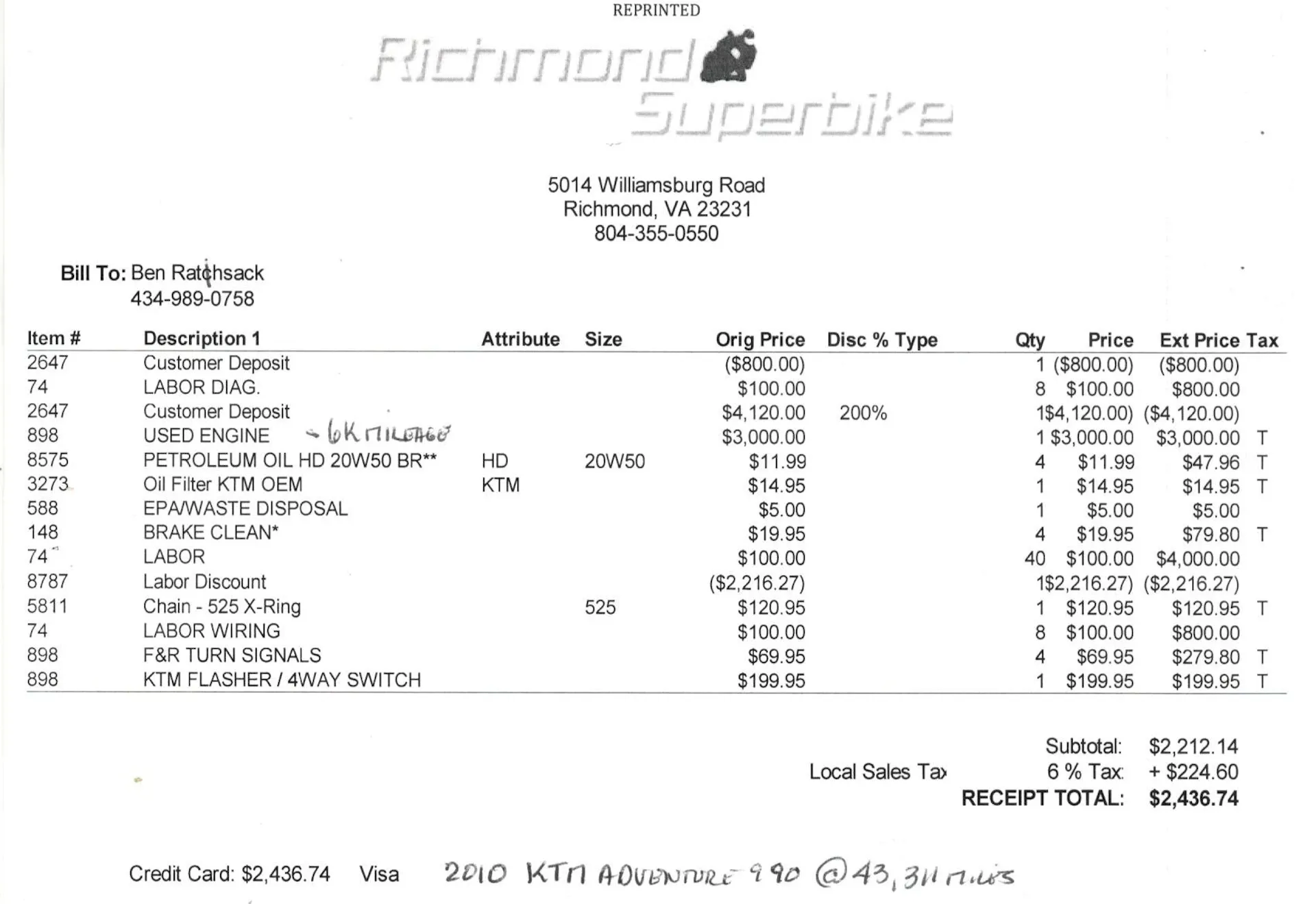 2010 KTM 990 Adventure Richmond Superbike invoice