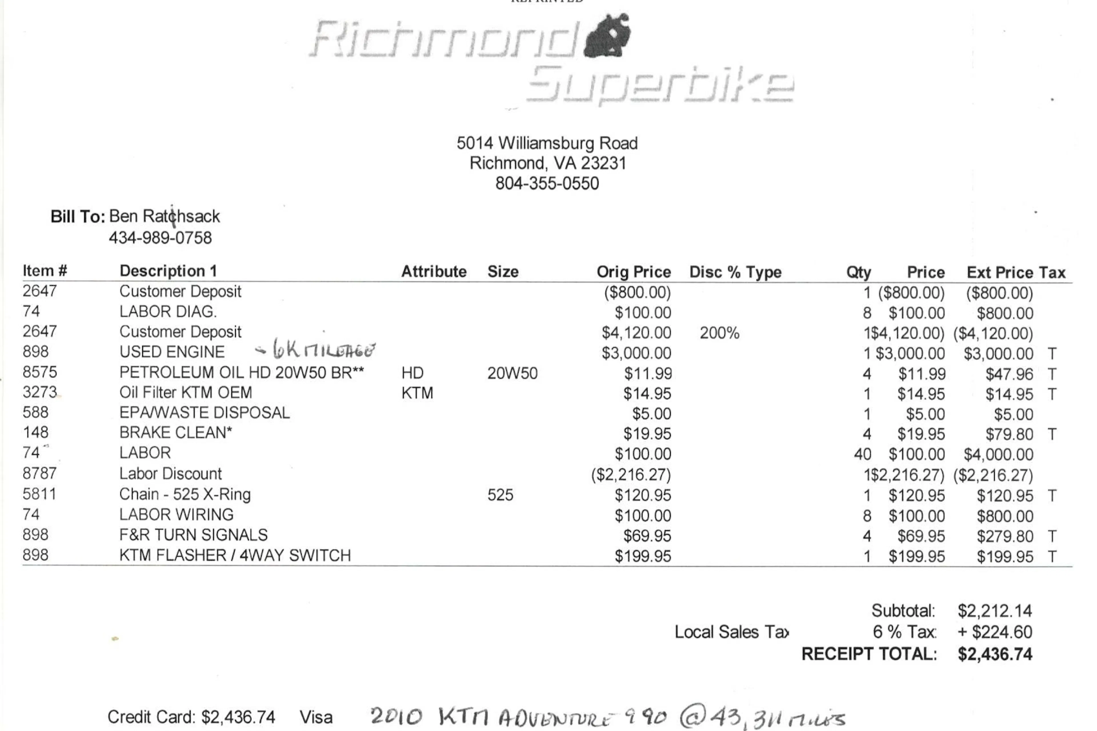 2010 KTM 990 Adventure Richmond Superbike invoice