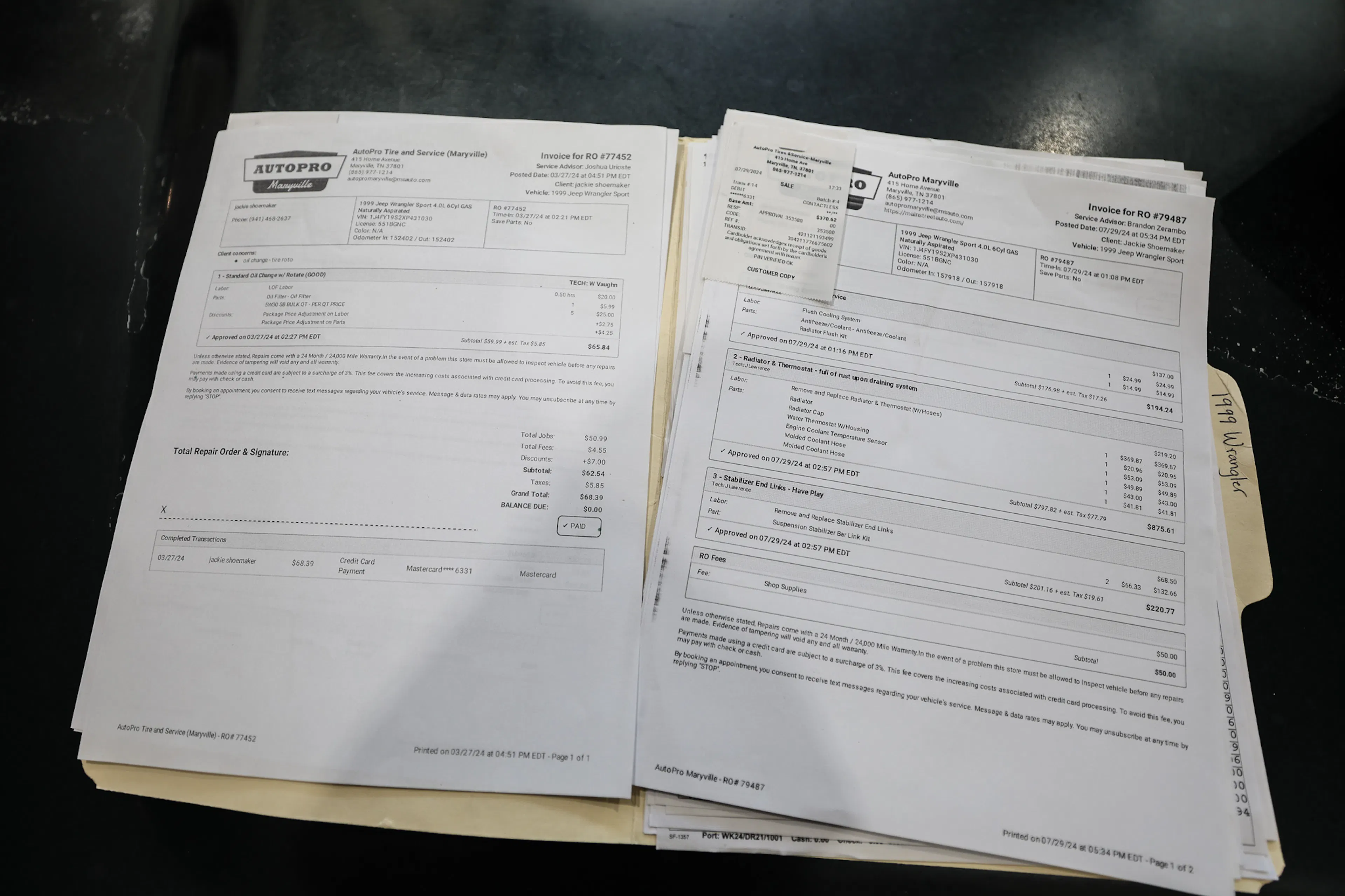 1999 Jeep Wrangler Sport service receipt