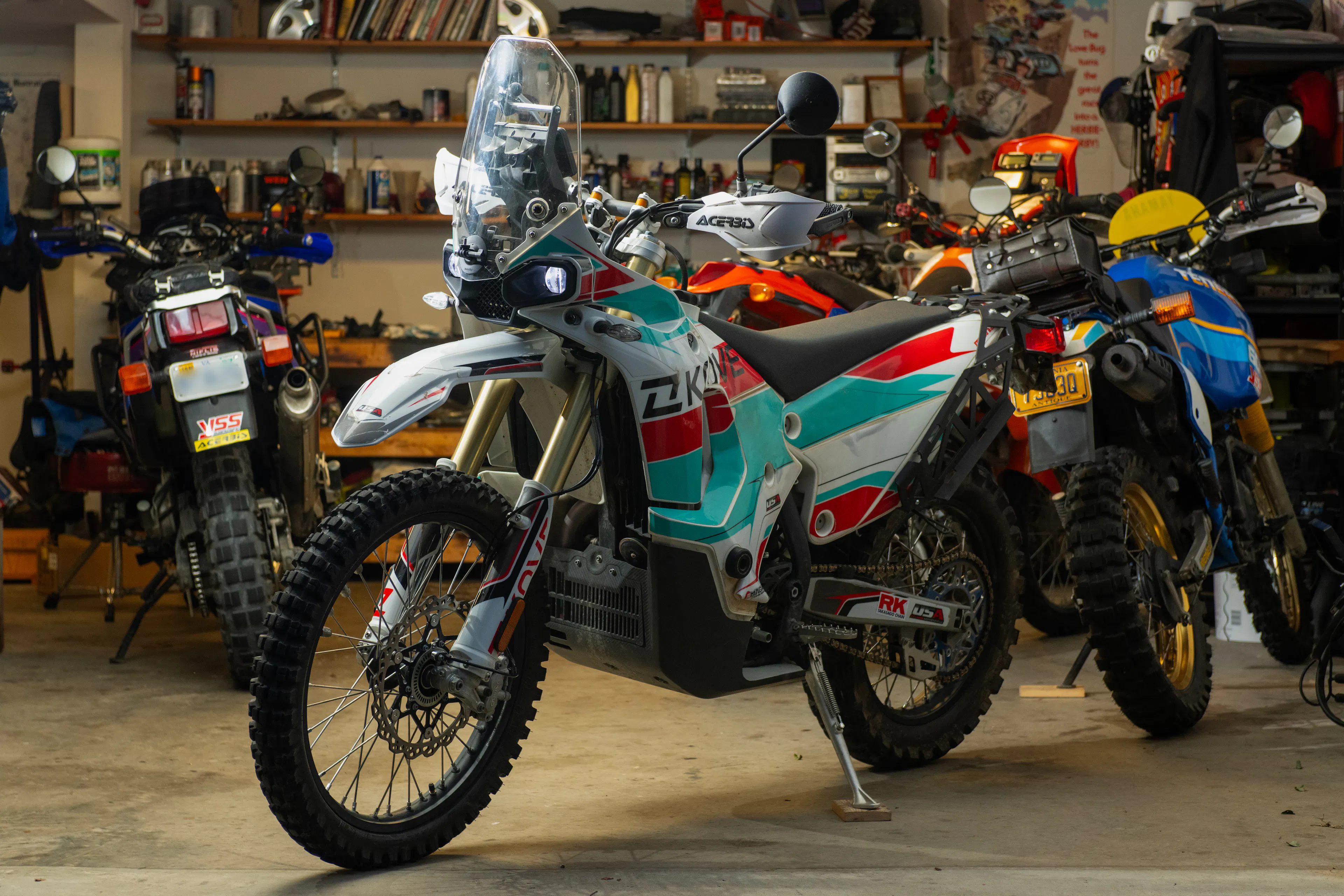 2024 Kove 450 Rally left front 3/4 lights on