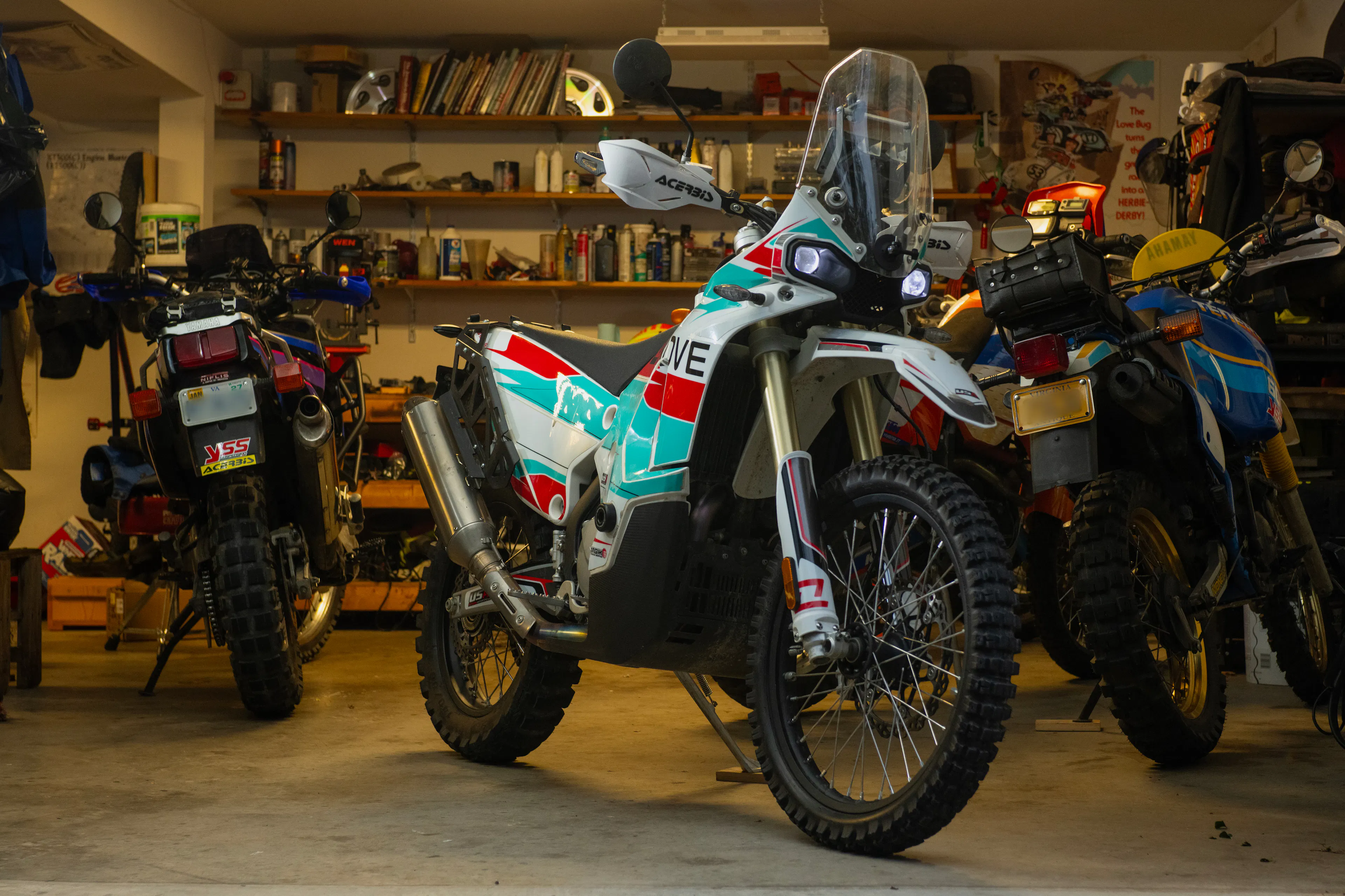 2024 Kove 450 Rally right front 3/4 lights on