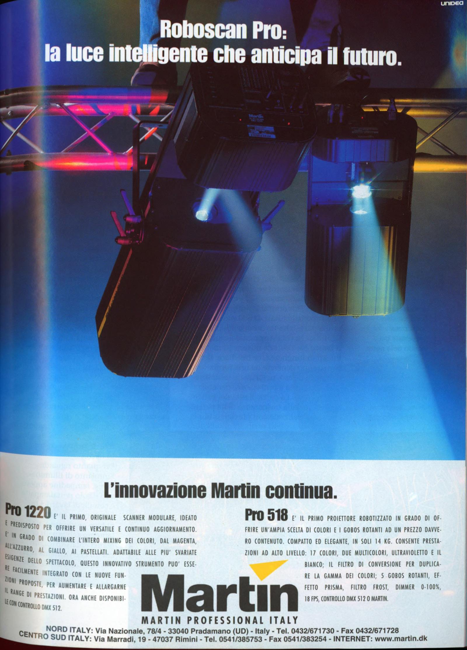Pubblicità Martin Professional Italy: Roboscan Pro: la luce intelligente che anticipa il futuro.
