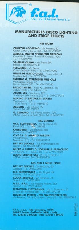 `Inserzione F.A.L. FAL Manufactures disco lighting and stage effects