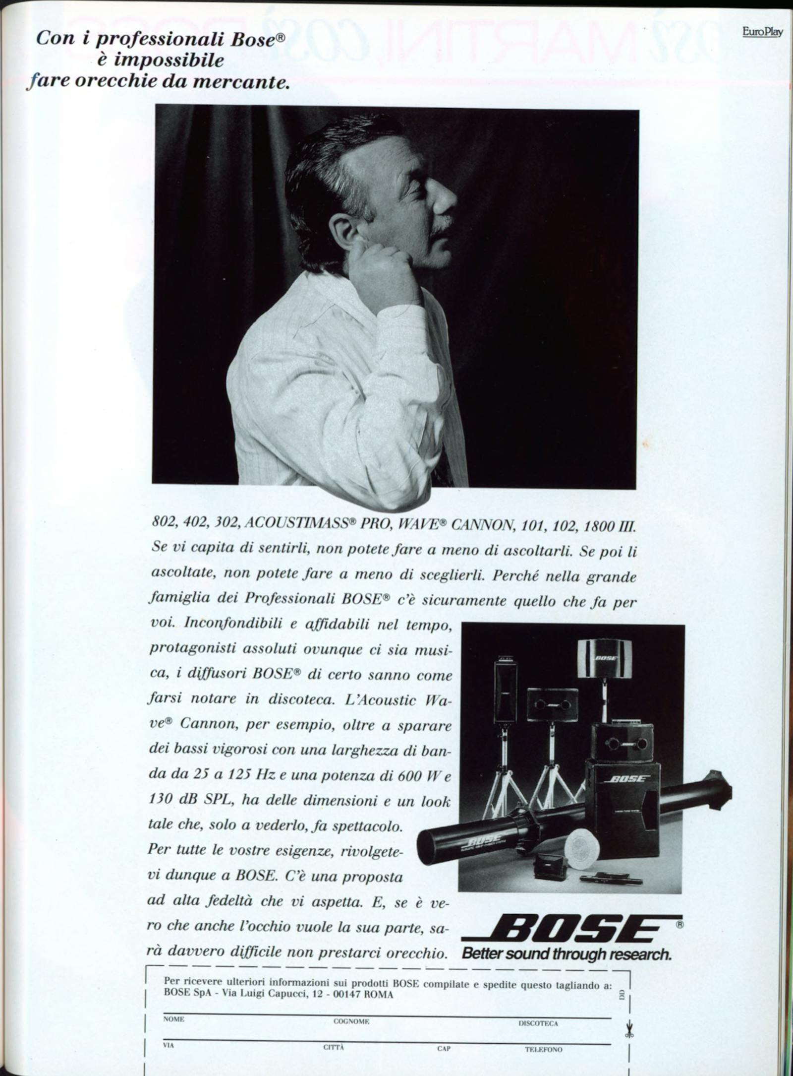 Pubblicità Bose: Con i professionisti Bose è impossibile fare orecchie da mercante.