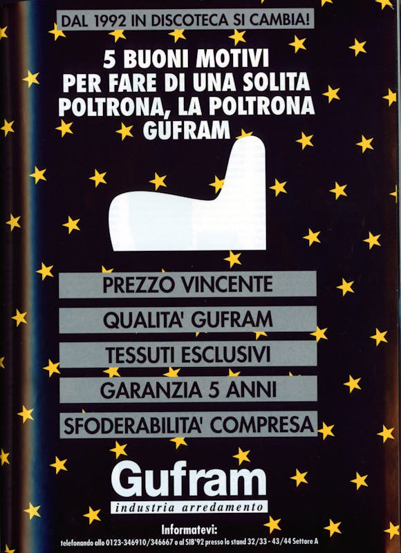 `Inserzione Gufram Dal 1992 in discoteca si cambia!