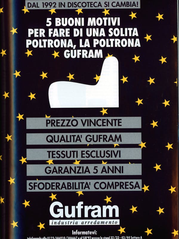 `Inserzione Gufram Dal 1992 in discoteca si cambia!