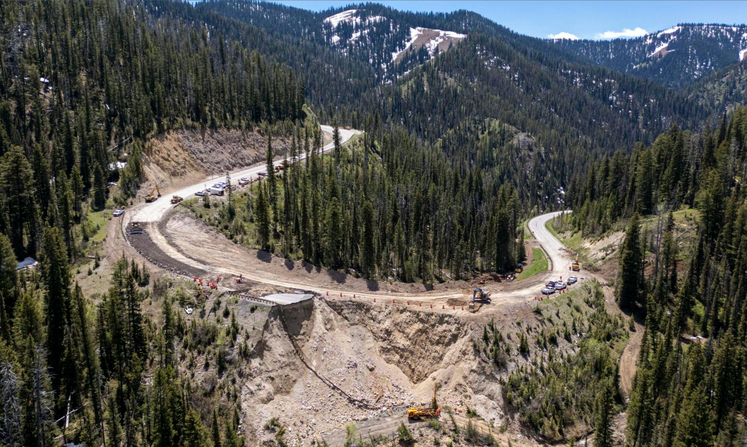 Aerial view of Teton Pass after road failure on June 8, 2024