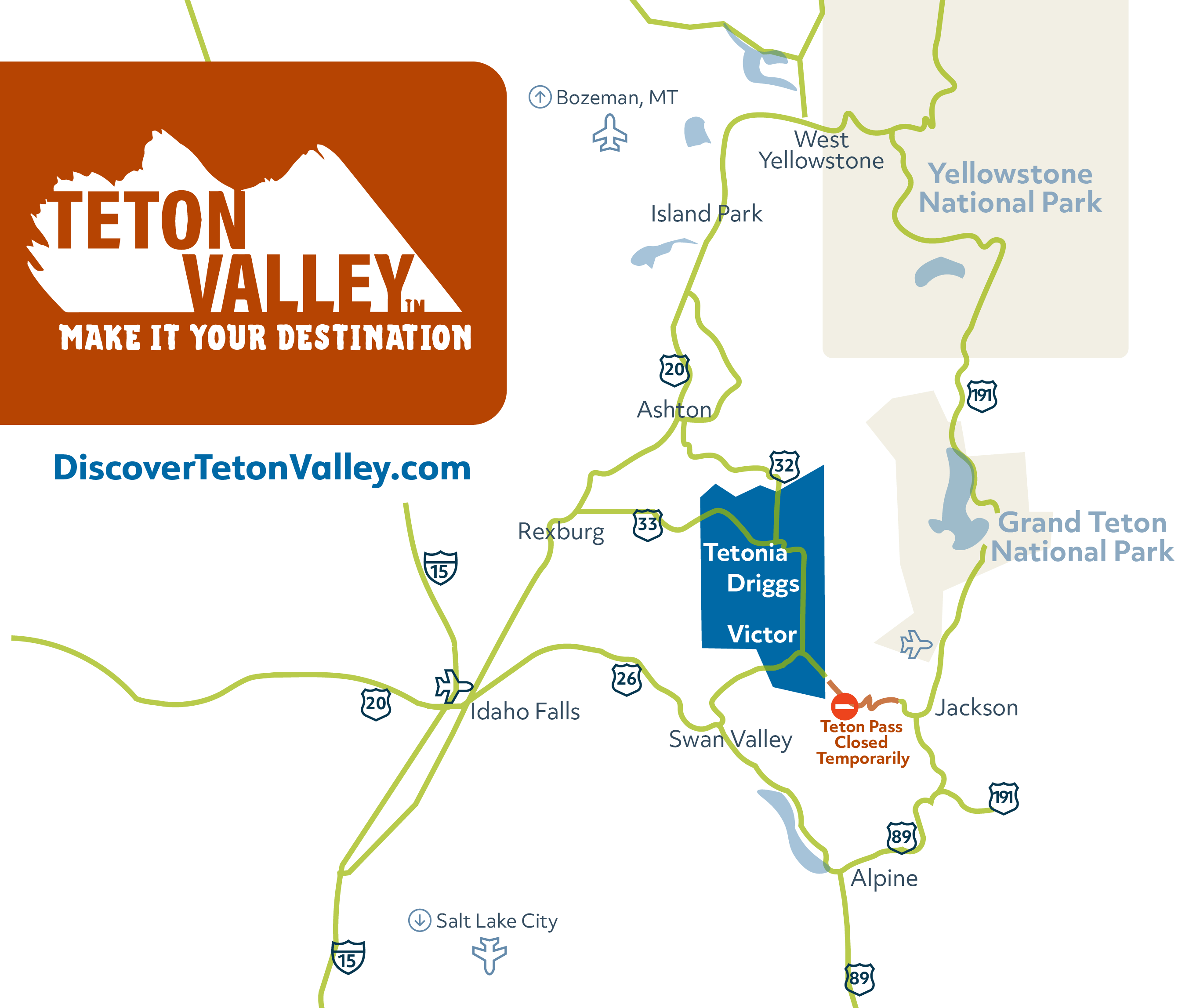 map of Teton Valley Idaho, Teton County Idaho and surrounding Region showing Teton Pass Temporary Closure