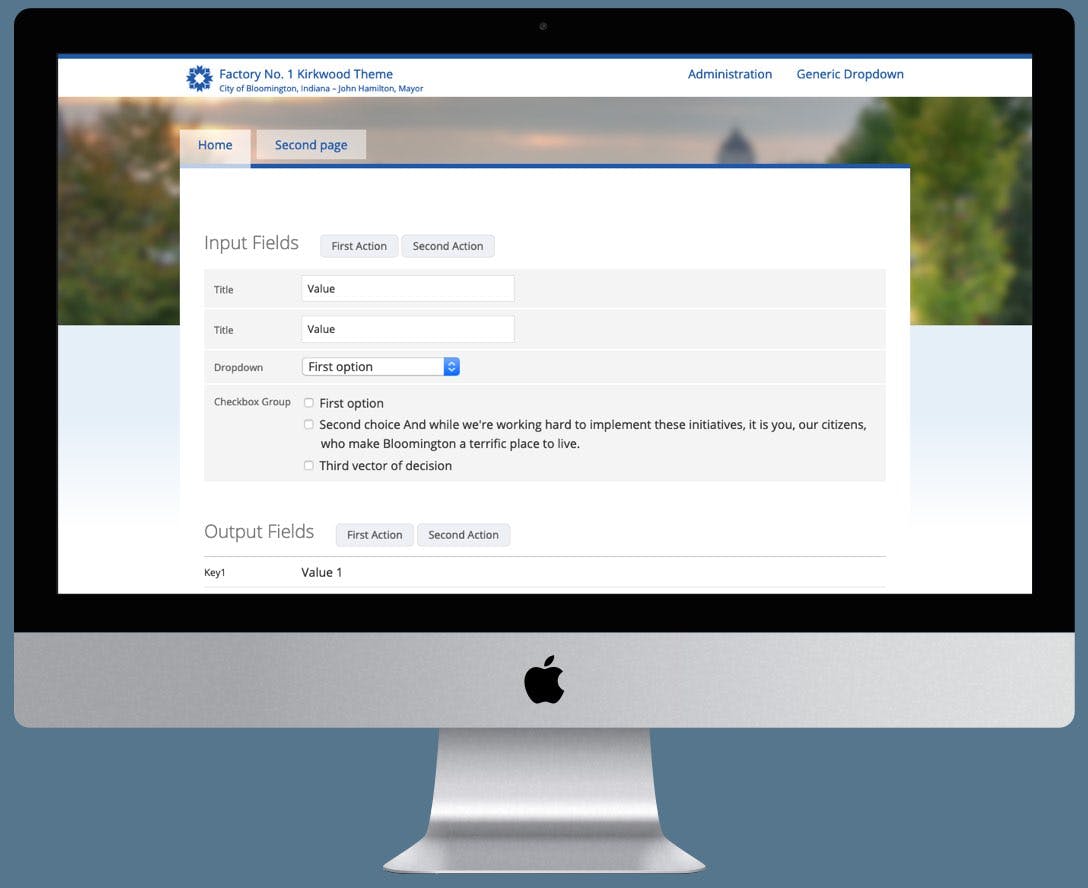 A screen shot of a web form built with components from the Factory Number One pattern library.