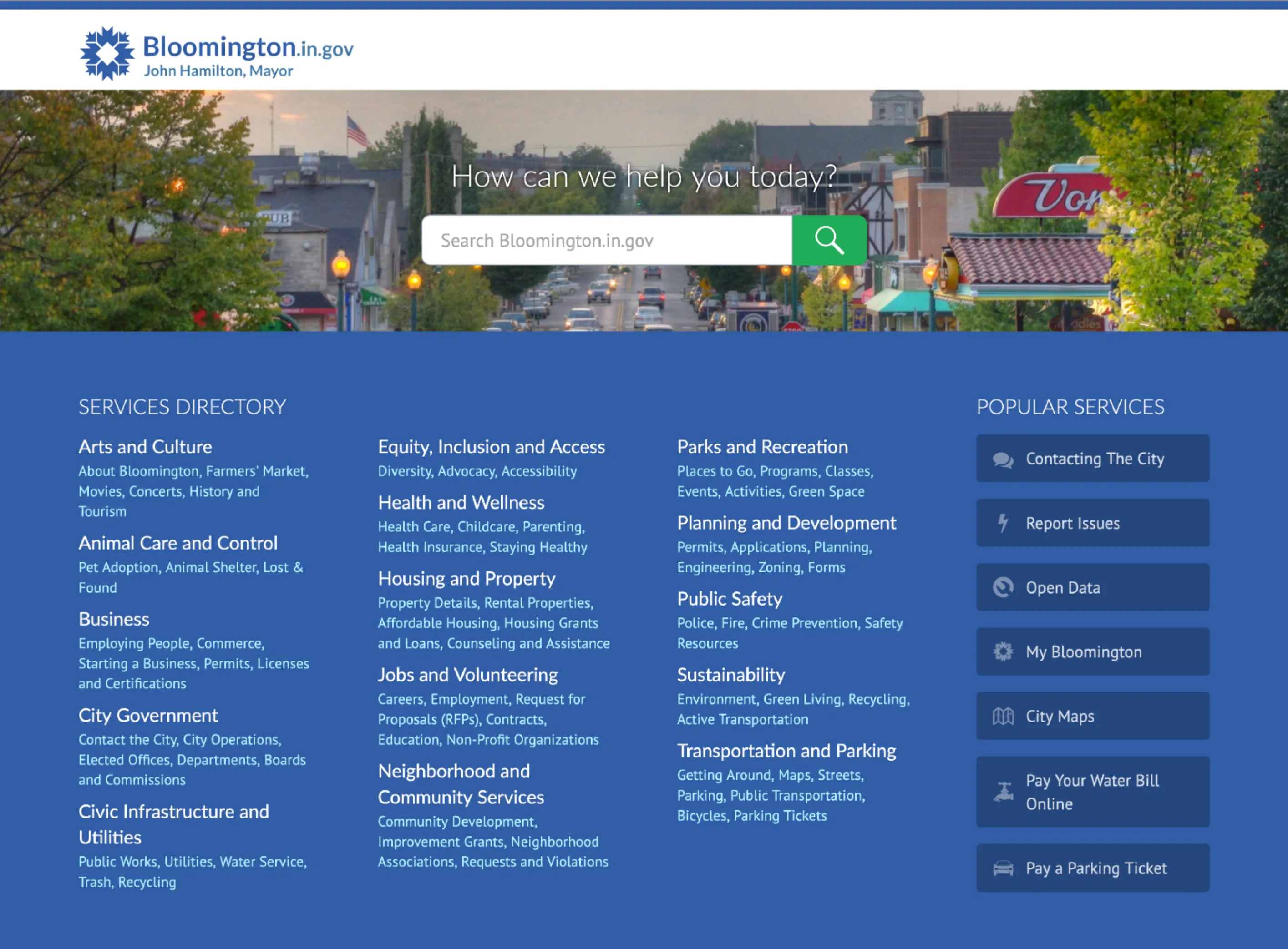 A screenshot of the homepage, which starts with an internal search bar, and a directory of services, sorted by categories.