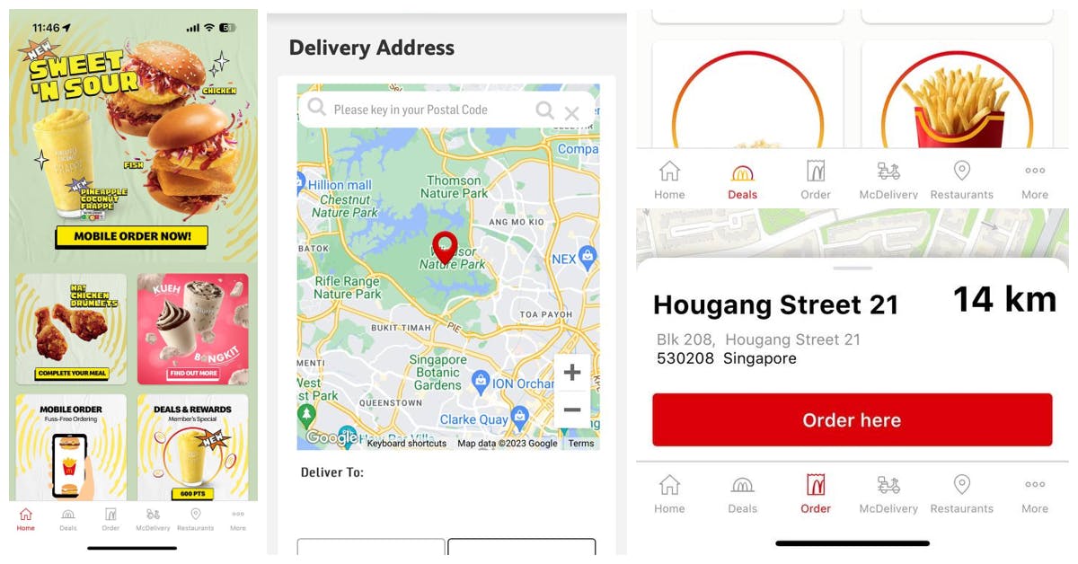Mcdonald's app screens allowing you to discover deals, promotions, map and delivery