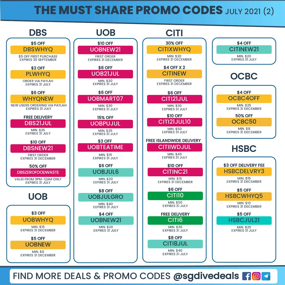 Credit card promo codes for discounts at whyq, foodpanda, grabfood and deliveroo