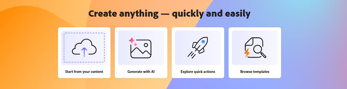 Adobe Express interface displaying four key features including quick design tools, templates, and AI-powered edits—ideal for students and teachers creating visual content fast.