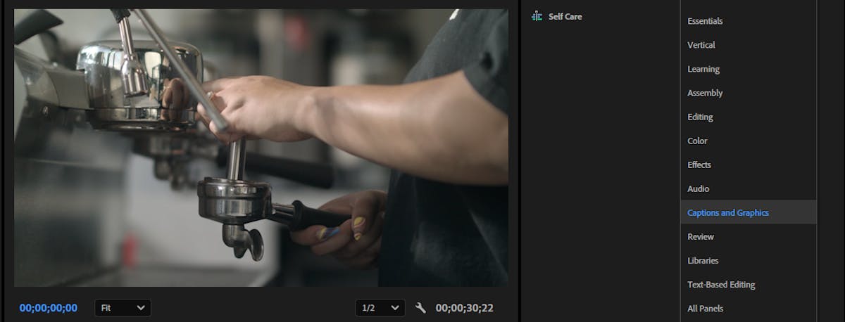 Adobe Premiere Pro interface showing auto-captioning tool in use—demonstrating how students and teachers can add subtitles to educational videos easily