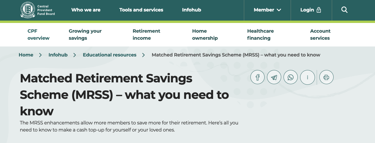 Matched Retirement Savings Scheme (MRSS) 2026: Claim Up to $2,000 a Year in Free CPF Top-Ups
